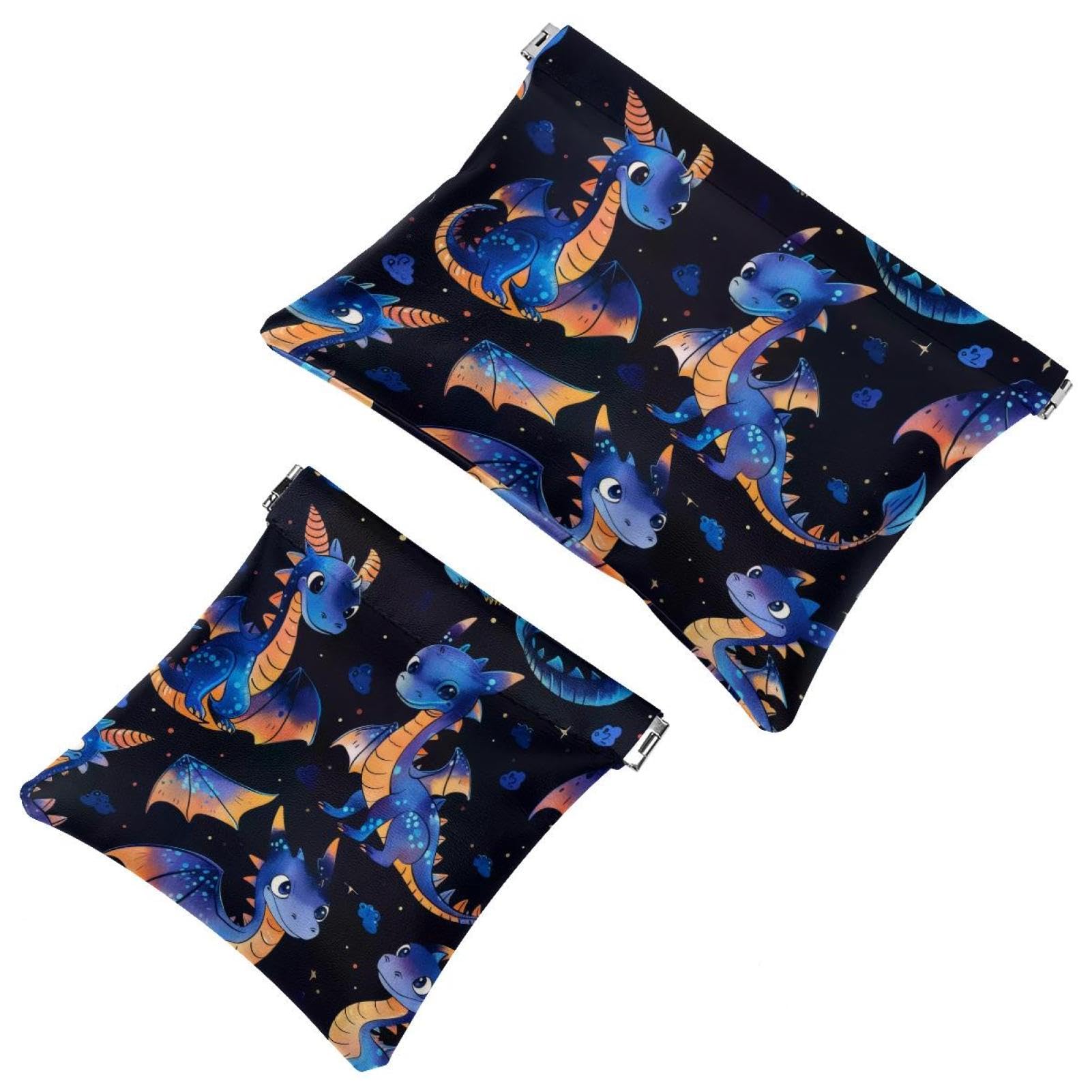 2Pcs Pocket Cosmetic Bag for Purses, Leather Small Makeup Bag Cosmetic Pouch, Portable No Zipper Makeup Pouch Coin Purse Jewelry Pouch, Caroon Dragons