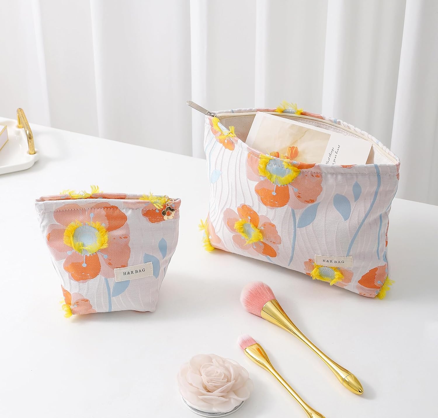 2 Pcs Makeup Bags, Large Cosmetic Bag Travel Toiletry Bag Organizer for Women, Embroidery Craft, Floral Makeup Bag Small Cosmetic Pouch Purse with Zipper Gifts for Girls Teen - Image 7