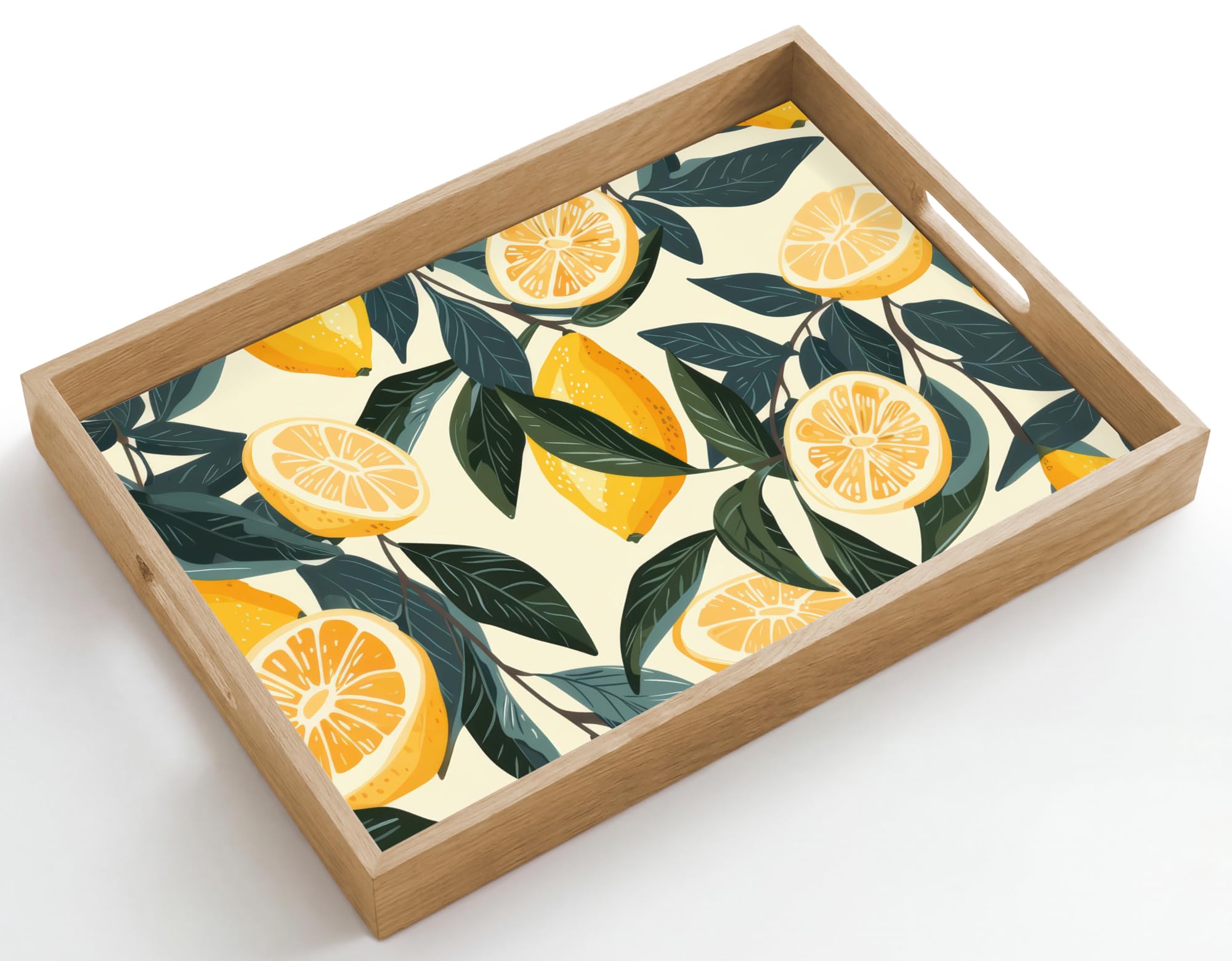 OnlyWow© Wooden Tray Rectangular 50x35 cm Serving Platter Decorative Breakfast Drinks Scratch Resistent Dinner Coffee Tea Handles Non Slip Lemons - Fruits - Leaves - Yellow - Green - Beige