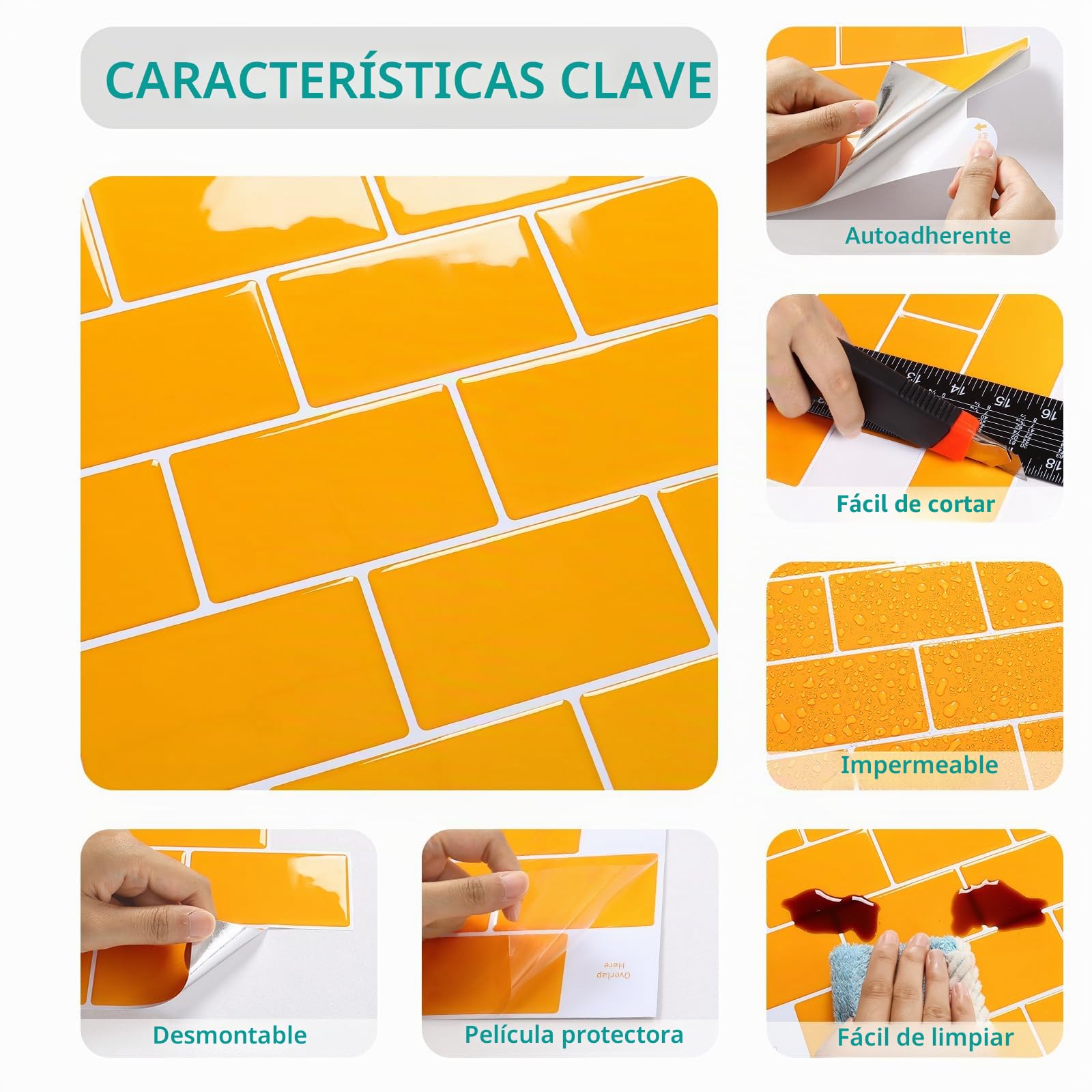 VEELIKE Azulejos Adhesivos Cocina Amarillo Brillante Rectangulares 3D Baldosas Adhesivas Pared Baño Vinilo Cocina Pared Azulejos Adhesivos Pegatinas de Baldosas Lavanderías 30.5cm×30.5cm 12 Piezas