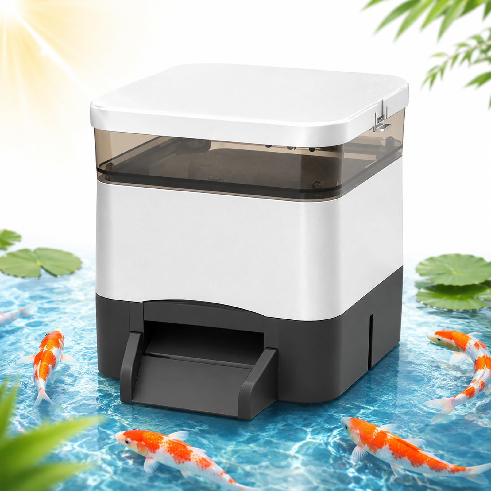 Programmierbarer Teich Futterautomat - 4 L Fischfutterspender für Koi und Goldfische Silver