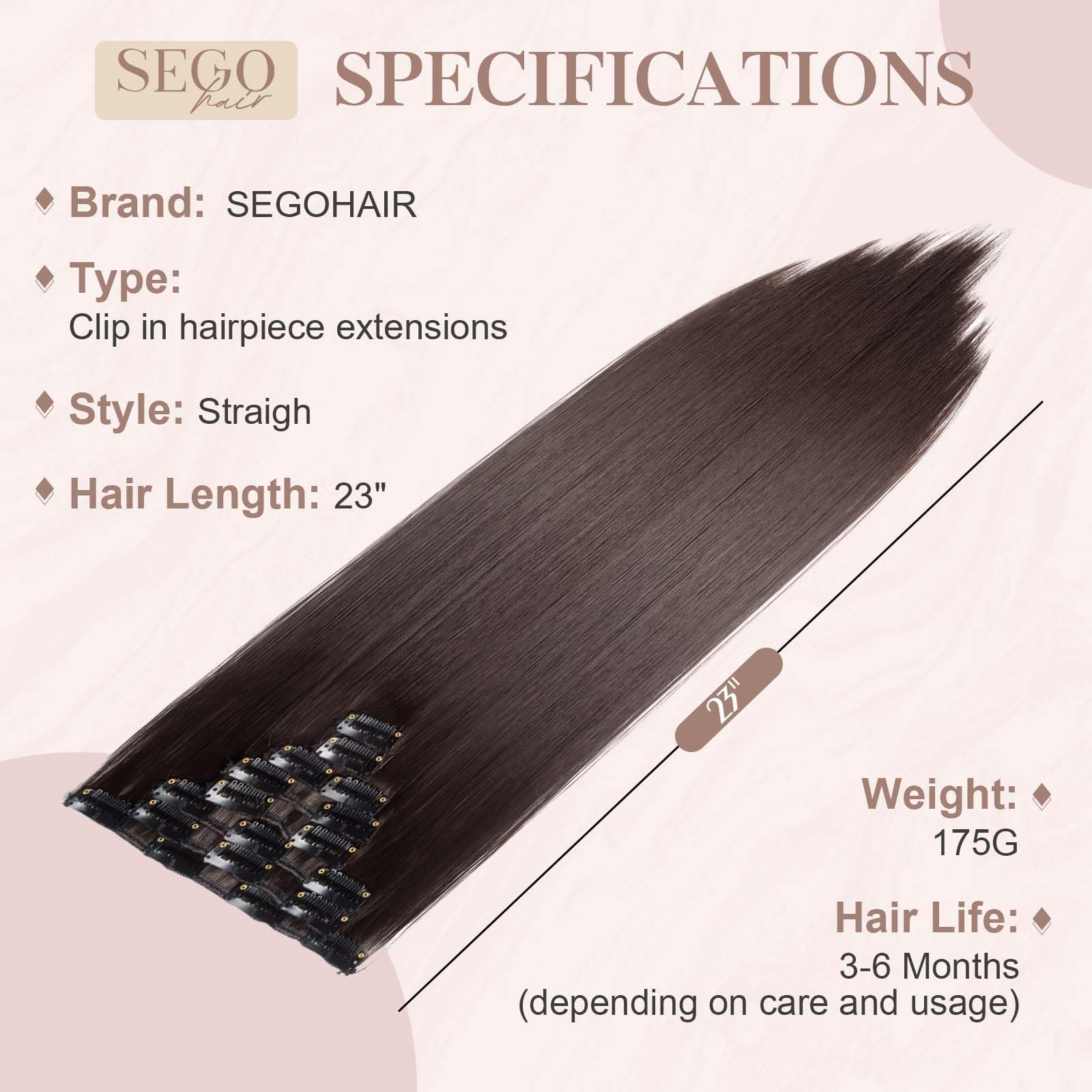 SEGOHAIR Hair Extensions Clip in 8Pcs 18 Clips Synthetic Fiber Seamless 23" Long Straight Full Head -Dark Brown - Image 3