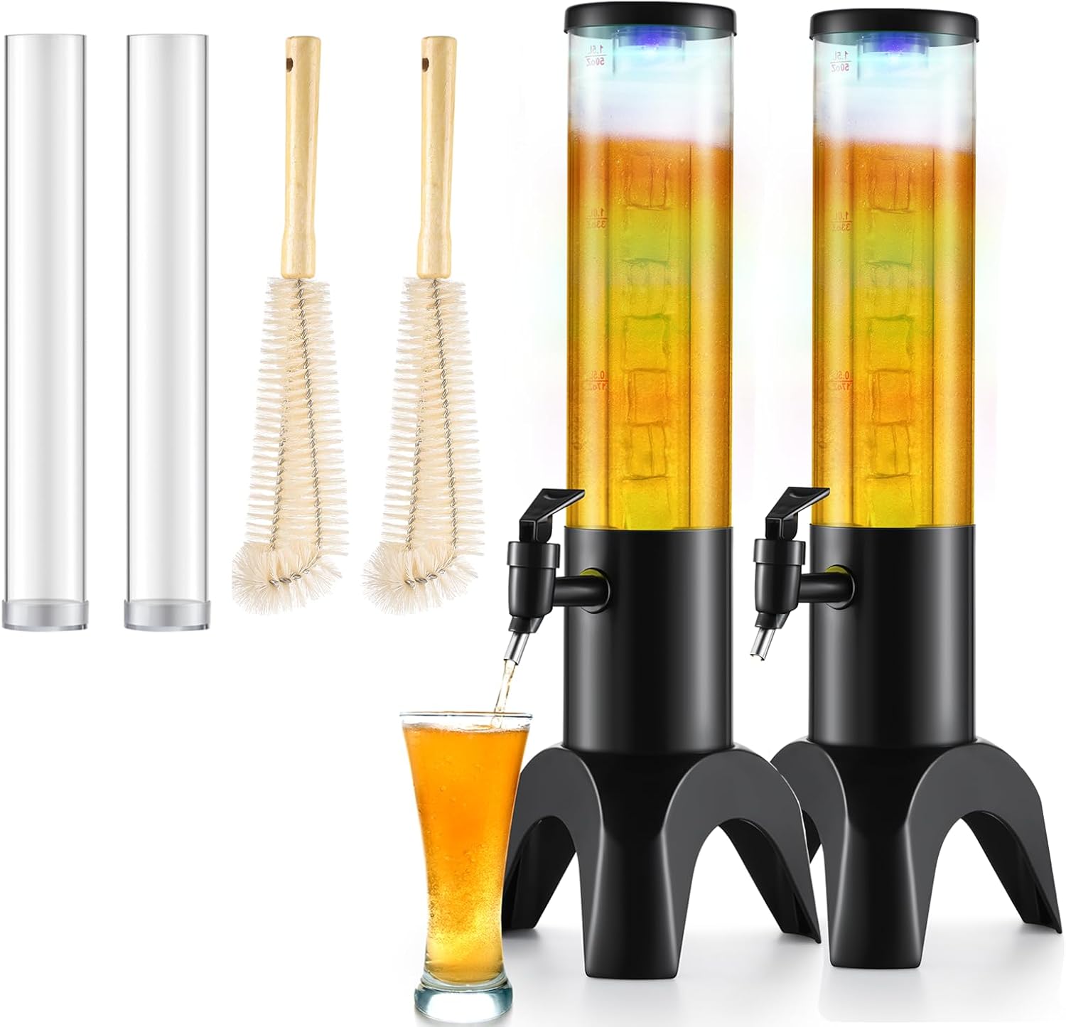 2PCS Drink Tower, 3L Mimosa Tower Dispenser With Ice Tube and Led Light, Tabletop Beer Dispenser 3.17 Qt./100oz, Ideal for Parties Bars Pubs Restaurants