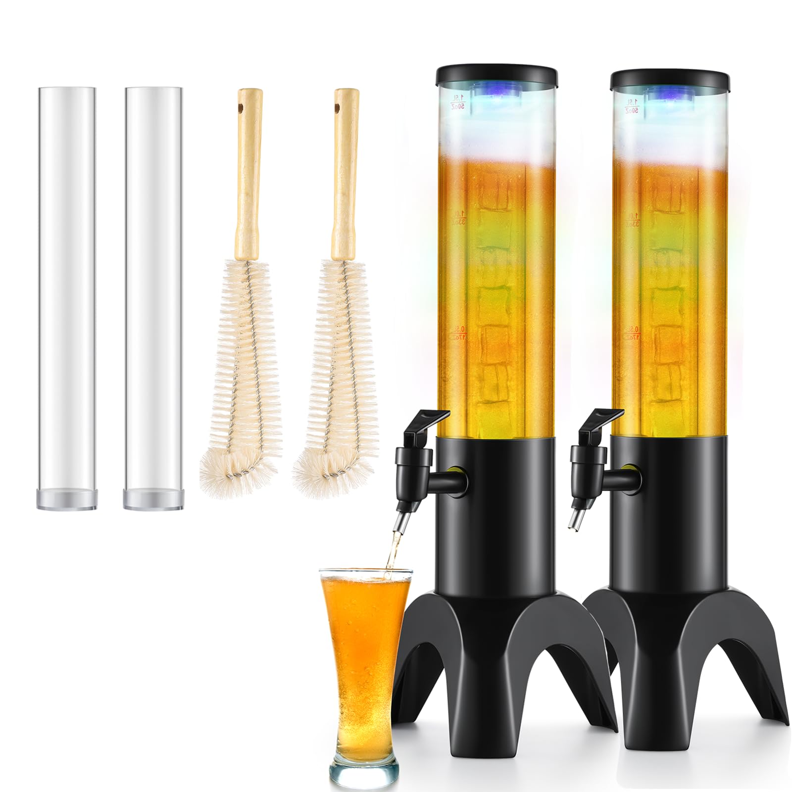 2PCS Drink Tower, 1.5L Mimosa Tower Dispenser With Ice Tube and Led Light, Tabletop Beer Dispenser 1.58 Qt./50oz, Ideal for Parties Bars Pubs Restaurants