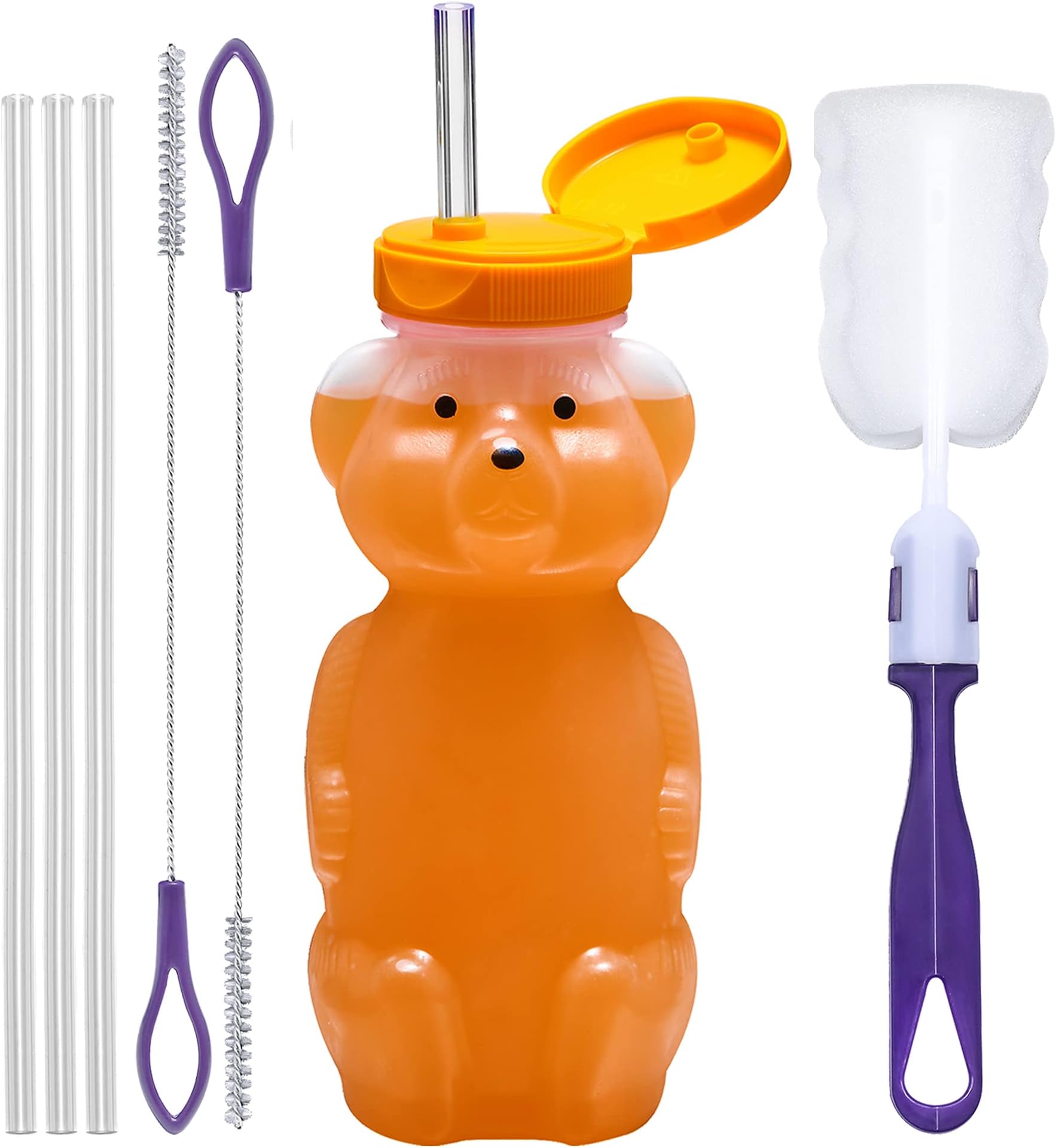 Special Supplies Honey Bear Straw Cup Long Straws, Squeezable Therapy and Special Needs Assistive Drink Container, Spill Proof and Leak Resistant Lid (Pack of 1 Bottle and 3 Straws)