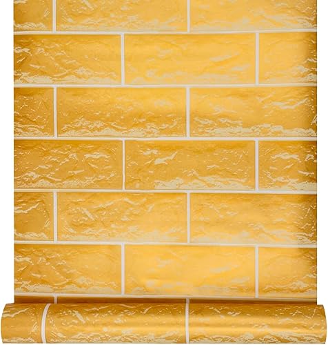 Miniatura 4 de LovingWay Rollo de papel tapiz dorado de 14.7 pies con patrón de ladrillos 3D, revestimiento de estante de 17.7 x 177 pulgadas extraíble para muebles