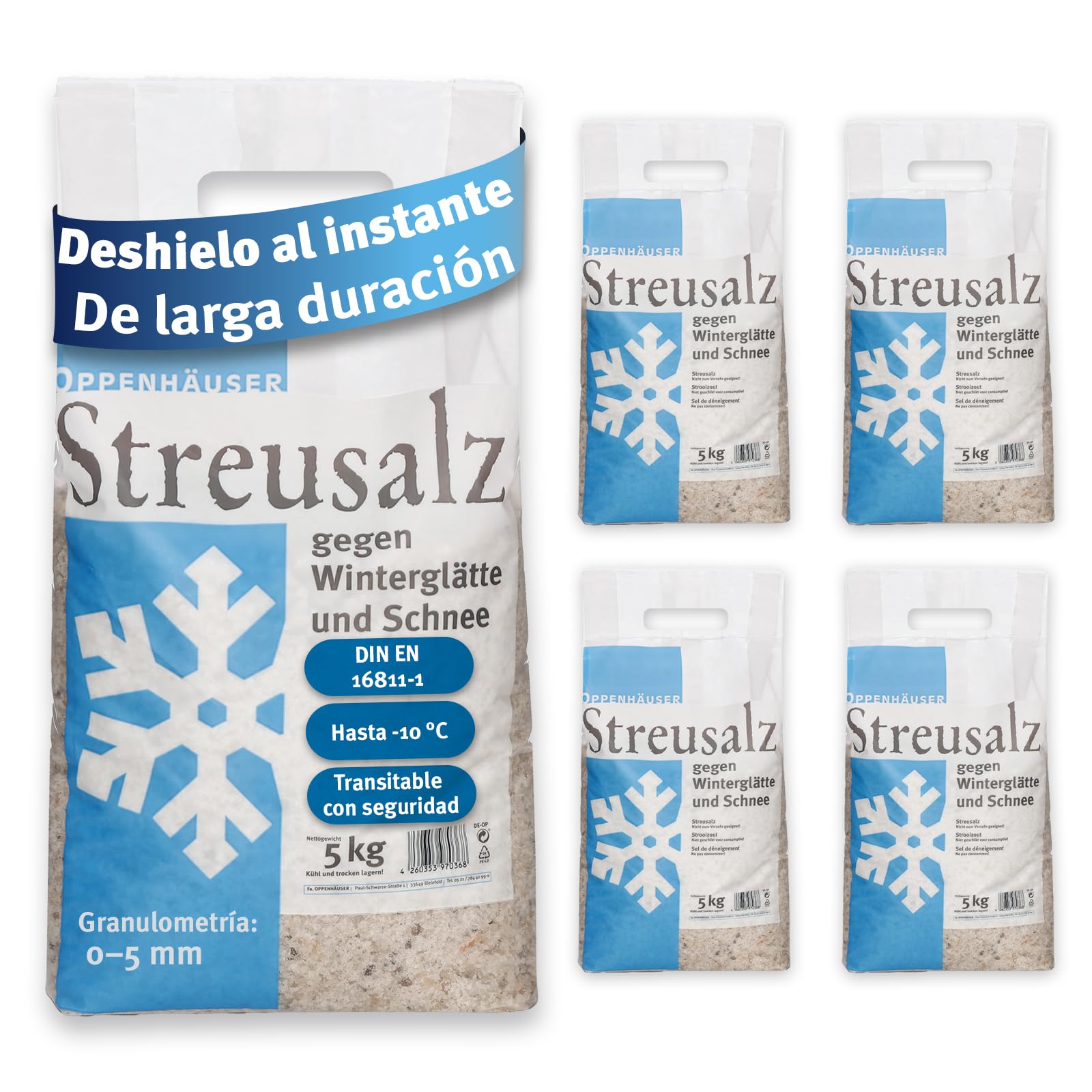 Sal para deshielo 25kg: deshielo inmediato y duradero, sal para eliminar el hielo y la nieve, streu invernal para aceras, accesos y aparcamientos, grano M, DIN EN 16811-1, premium, 5x5kg