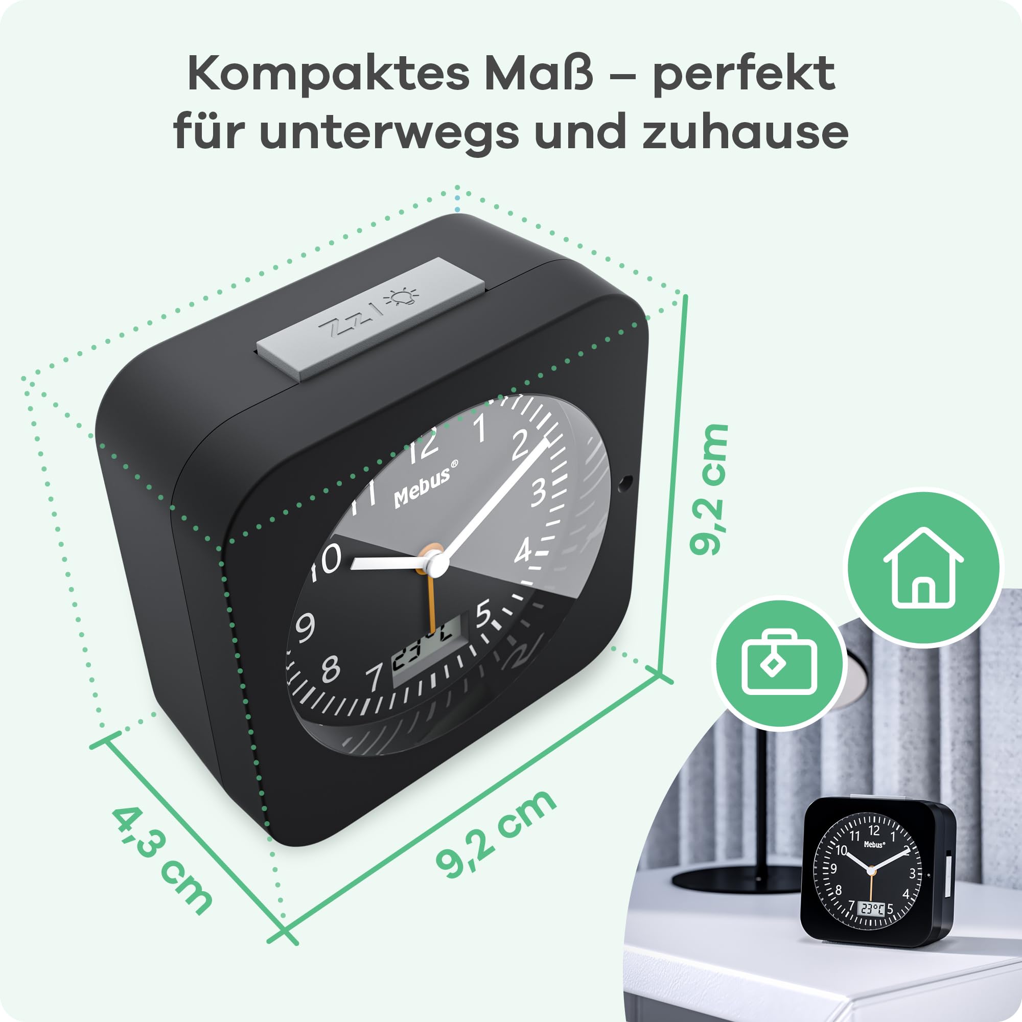 MEBUS Funk-Wecker mit Thermometer/Datumsanzeige, Schlummerfunktion, großes Display/Quadratisch/Hintergrundbeleuchtung/Farbe: Schwarz/Modell: 25609
