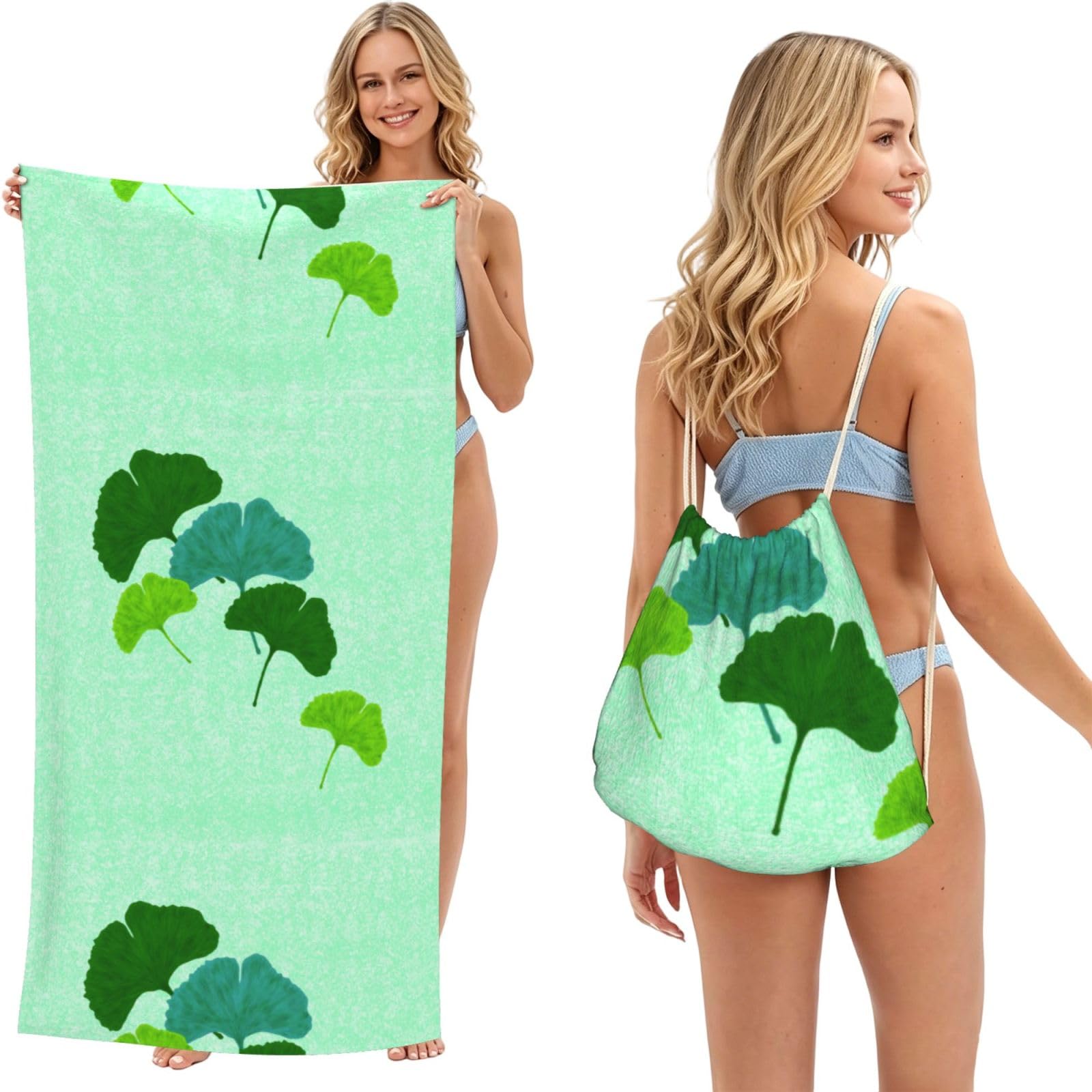 Poadnly Watercolour Ginkgo Biloba Leaf, 2 in 1 Packable Towel Bag, Beach Towels with Drawstring Backpack for Travel Holiday Camping
