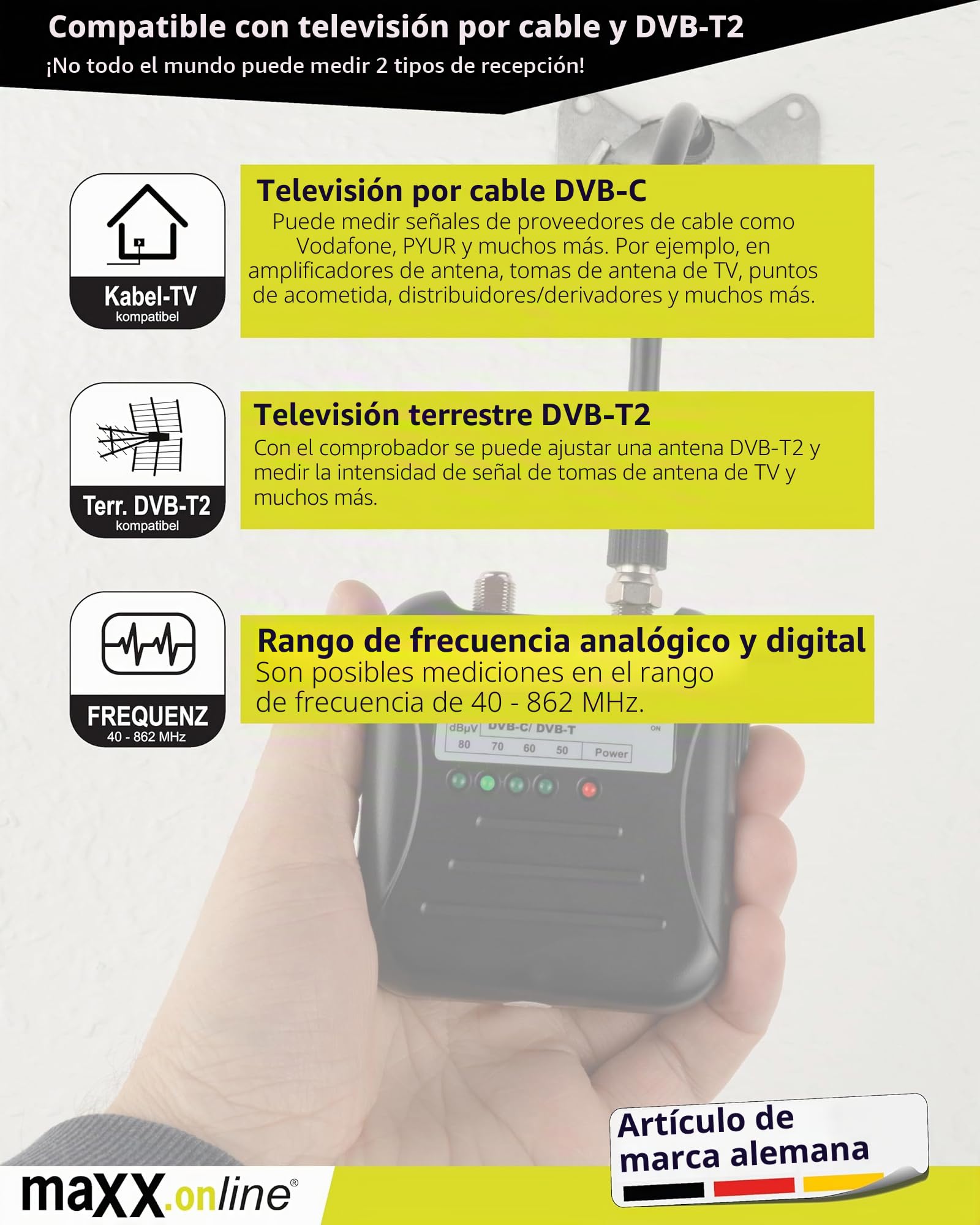 Medidor de señal de televisión por cable DVB-C/DVB-T, antena y TV analógico/digital, medición de intensidad de cable