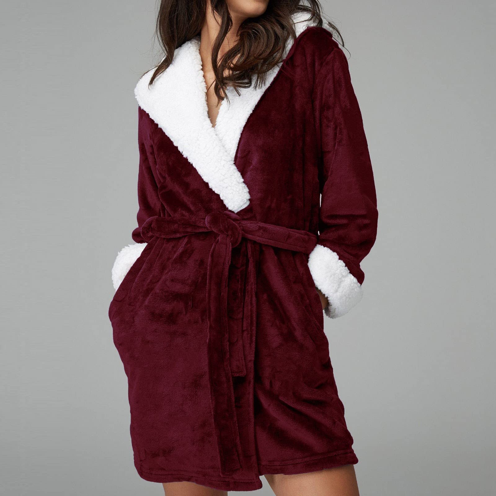 Accappatoio da donna lungo con cappuccio, in spugna | Accappatoio unisex per adulti, con tasche, in pile, taglie grandi, comodo, in tinta unita