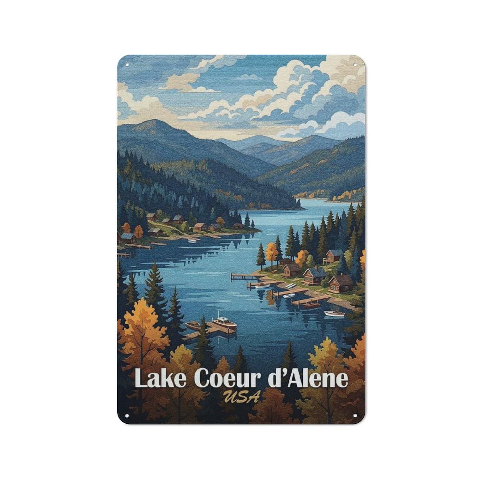 Lake Coeur DAlene, USA Landscape Tin Sign 30x20cm, Creative Studio Wall Plaque for Hobby Room, Office, Lounge Or Living Room