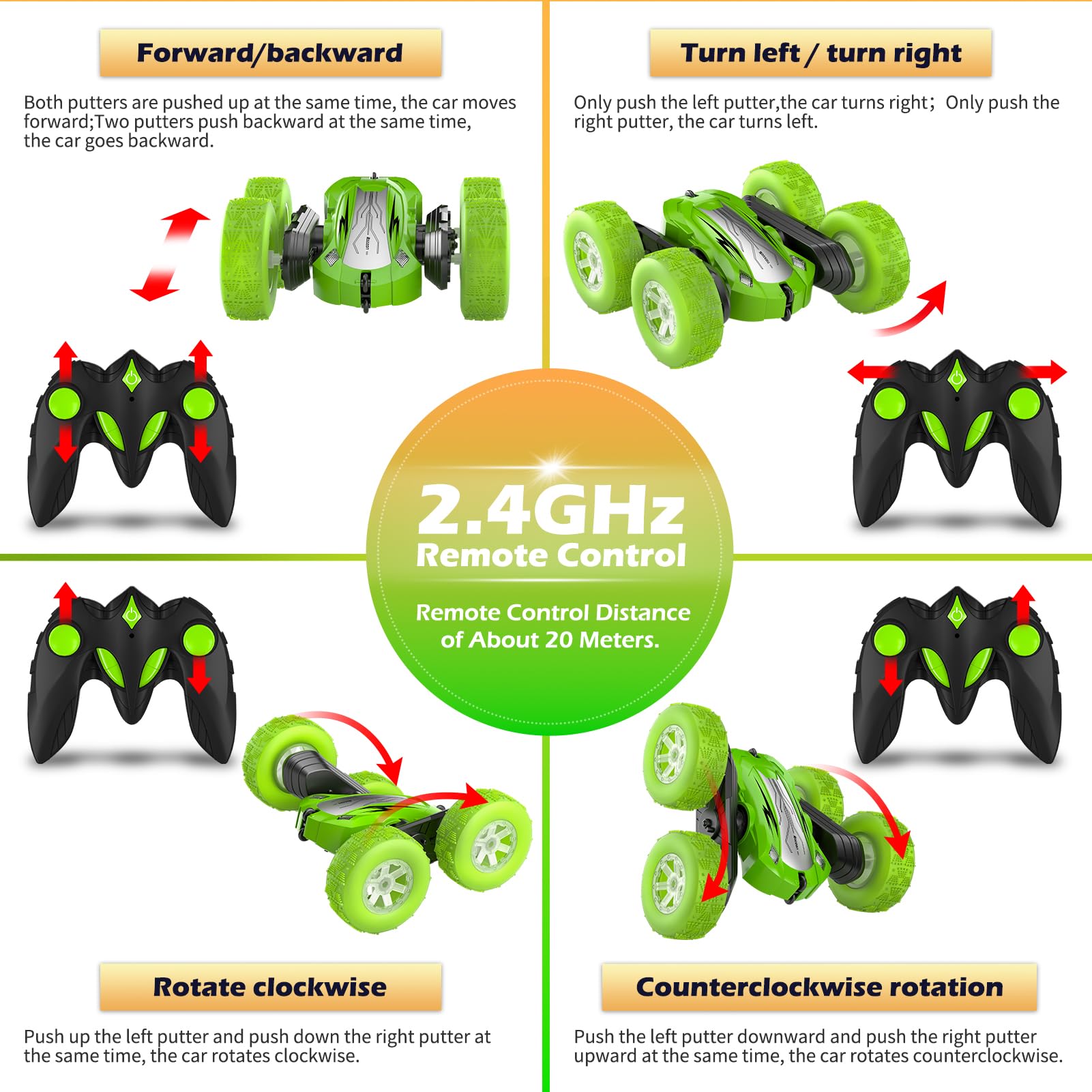 Rodzon Coche Teledirigido,Coche AcrobáTico Camiones 360 Grados De RotacióN,Juguete Niño Regalo 6 7 8 9 12 Años Niña 2.4Ghz Niños Coche Teledirigido con Luces Incluye Batería Recargable (Verde)