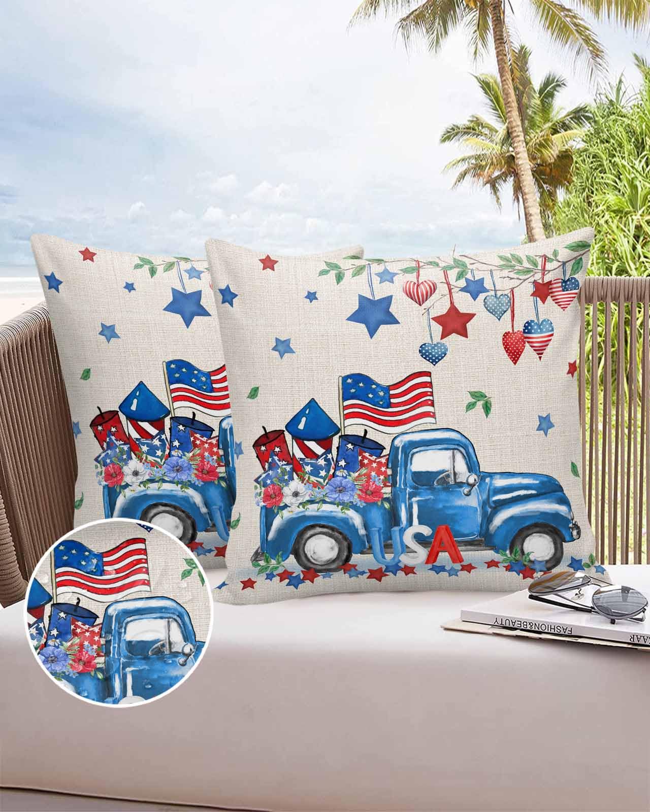Boanket Outdoor Pillow Covers 20 x 20 In, Blue 4th of July Waterproof Throw Pillow Cover Set of 2, Spring Floral Red Love Heart Star Rustic Home Decorative Square Cushion Covers for Patio/Couch/Garden