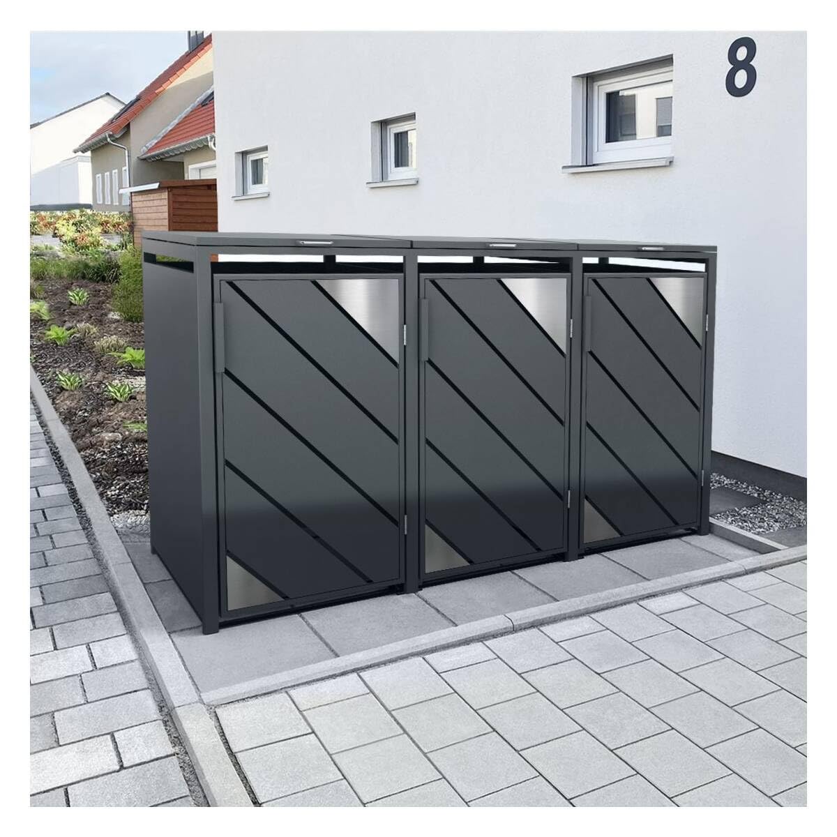 Metzler Mülltonnenbox 3er 240L Anthrazit mit Edelstahl Akzenten | Mülltonnenverkleidung für 3 Tonnen aus verzinktem Stahl | wetterfest mit Automatikdeckel und Soft Close