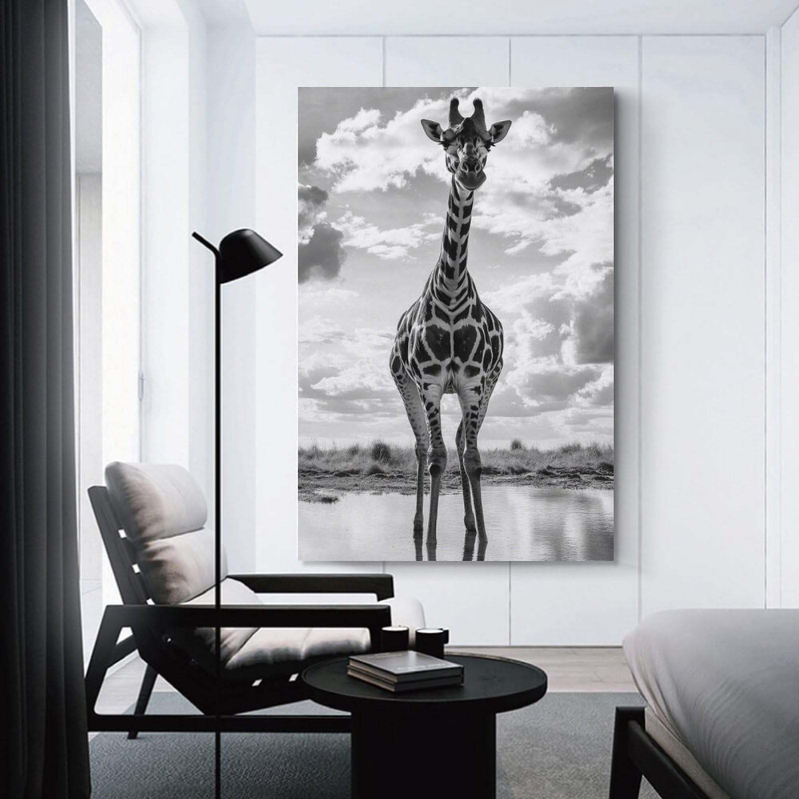 Junmoney Unframe-Style-6 Room Decor Wall Art Giraffe At Waterhole Black And White Photo, 20X30inch(50X75cm), For Lounge Decor, Bedroom Walls Or Flats, Canvas Styling For A Polished Room Look
