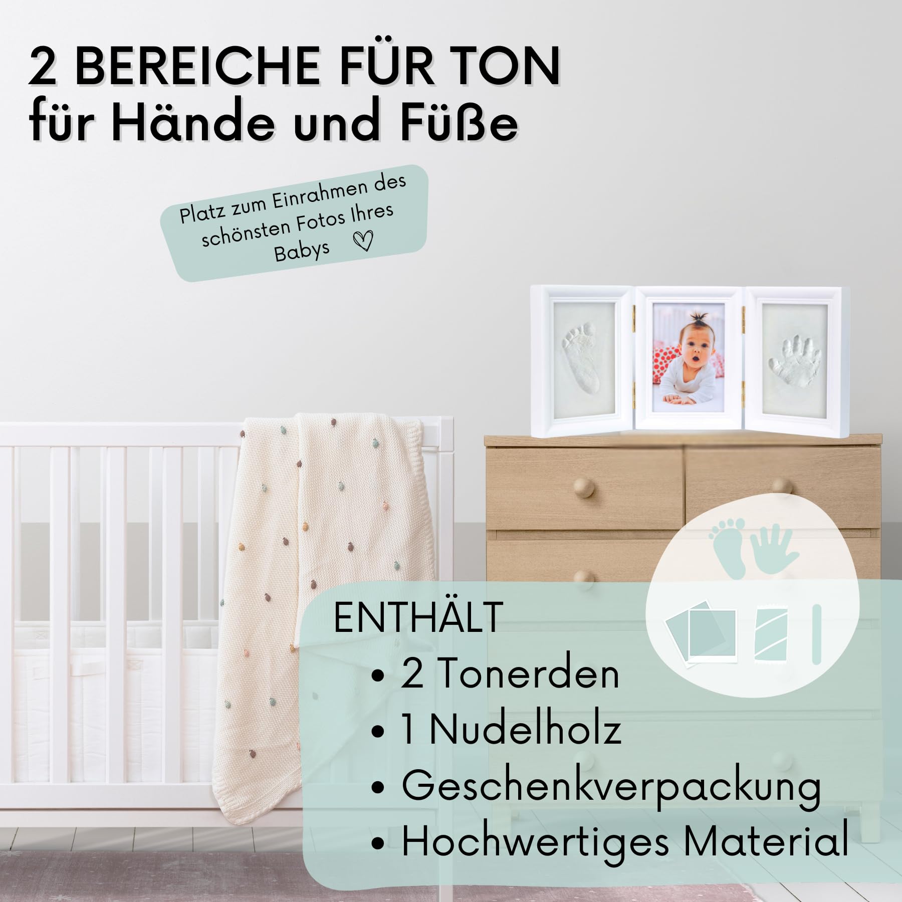 HuBorns - Bilderrahmen Fußabdruck Baby und Anti-Riss-Ton, um ein Einzigartiges Souvenir zu schaffen, Gipsabdruck Baby Hand und Fuß, Baby Geschenk, Fussabdruck Abdruckset (Ton)