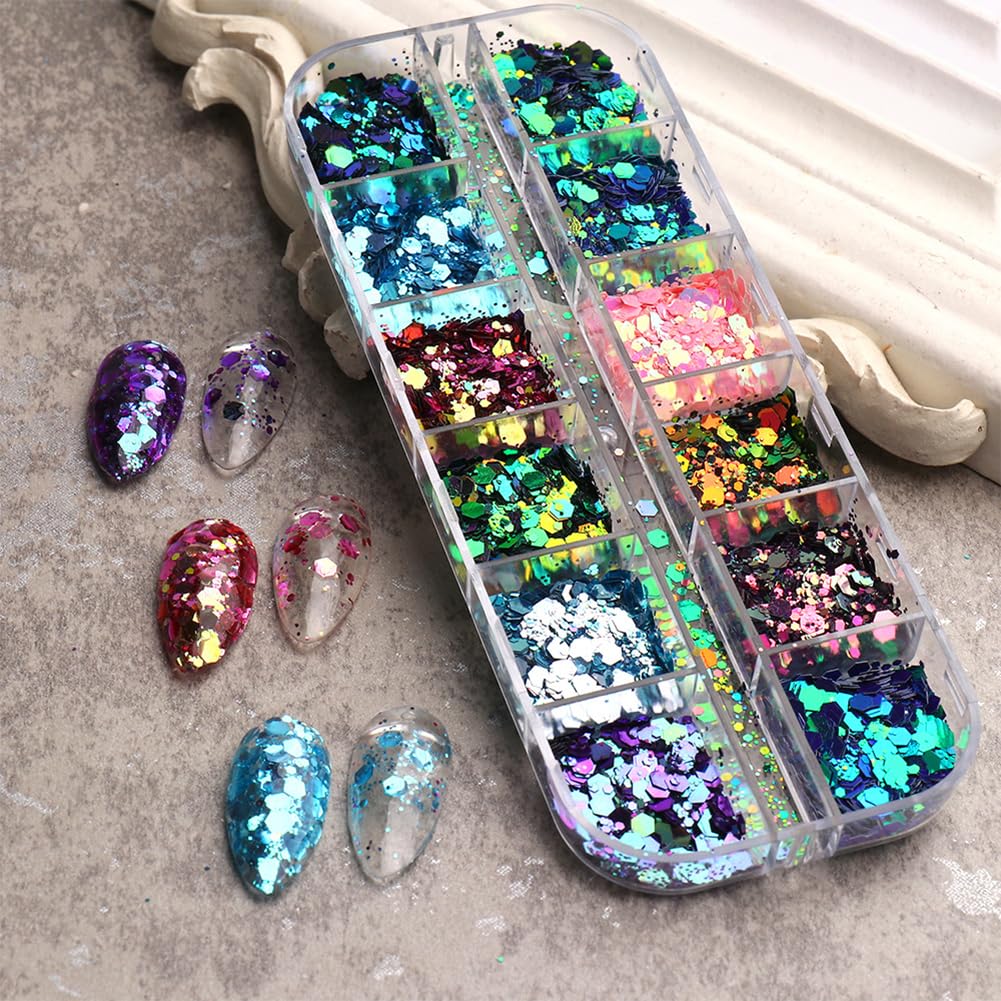 2 Boxes Holographic Nail Art Sequins Chunky Nail Glitter Flakes Shapes Mermaid Nail Decals Iridescent Chameleon Nail Glitters Shiny Manicure Decorations Eye Makeup Sequins Festival Face Glitter