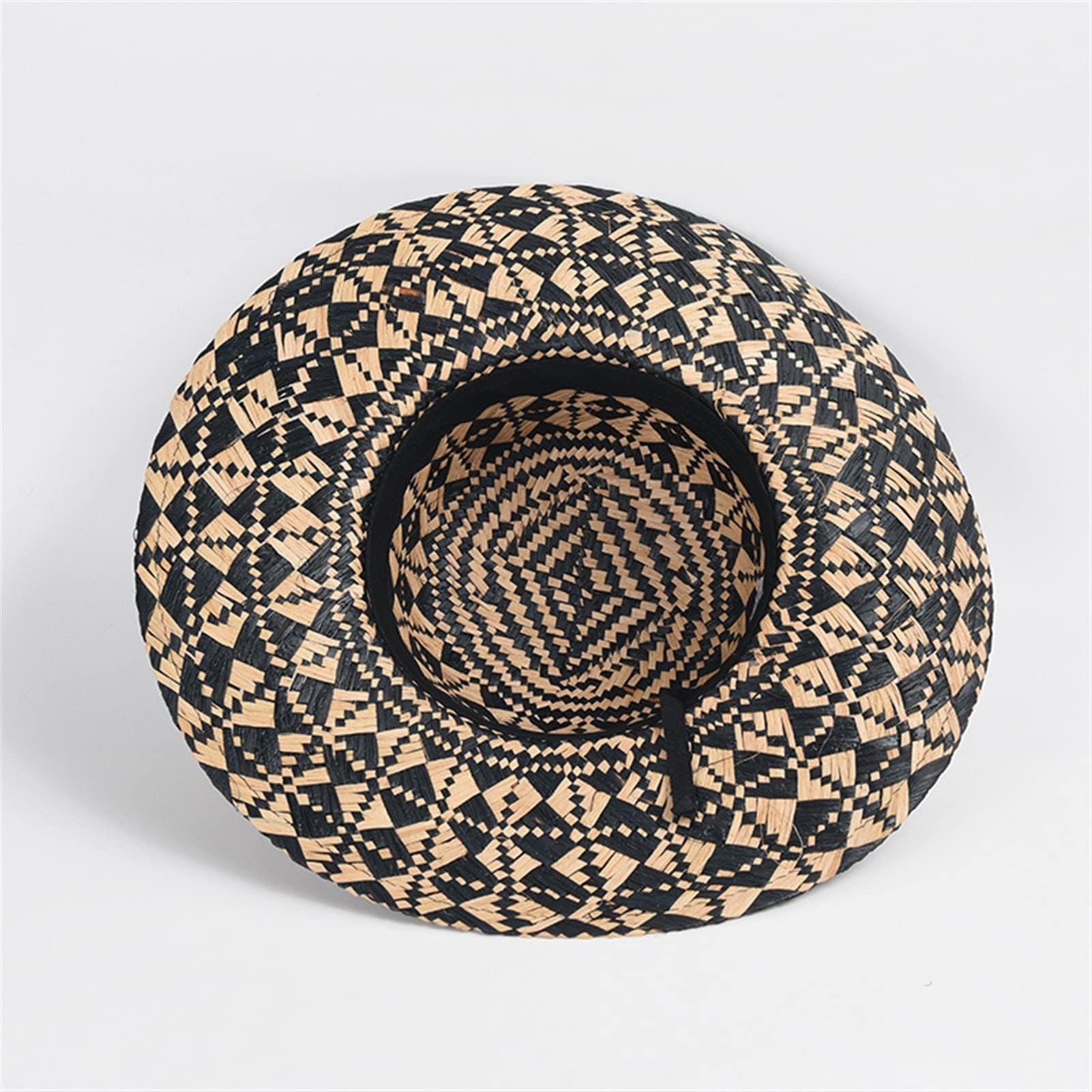 Sombrero para el Sol de Paja con diseño geométrico de Rafia para Mujer, Tejido a Mano, con Rayas, para Playa, con protección UV para Vacaciones de Verano (Negro, Talla única)