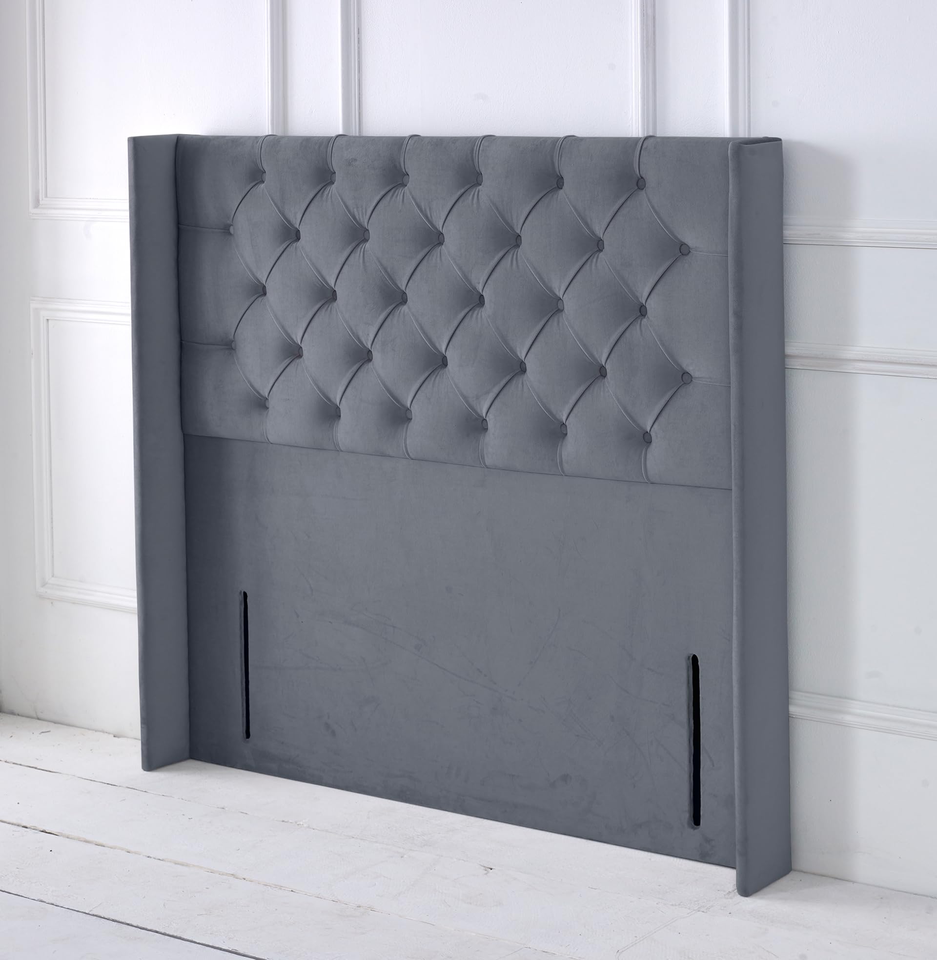 Chesterfield Ottoman Winged Divan Bed Headboard | Plush Velvet Headboards for 4ft6 Double Size Bed | Elegant design with wooden material headboards for beds (Grey, 4ft6 Double Height-50inch)