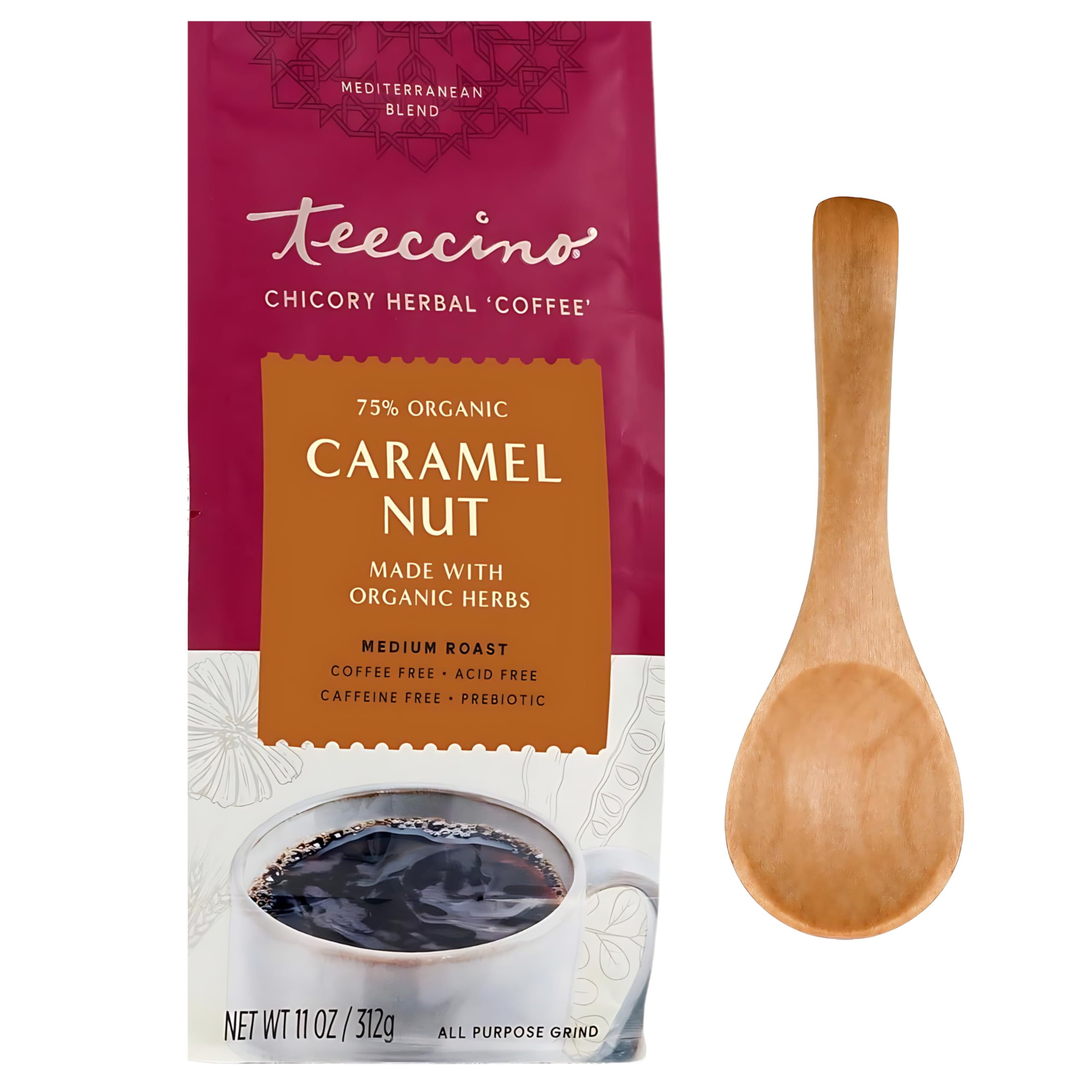 Teeccino Caramel Nut Chicory Herbal Coffee Alternative Bundle | Caffeine-Free, Prebiotic, Herbal Coffee Substitute, Chicory Root Coffee I Includes Prosperina Coffee Spoon & Prosperina Card-312 G