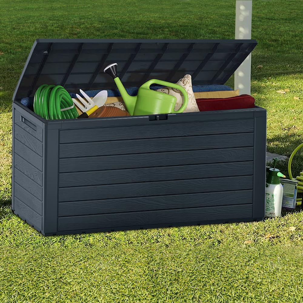 Vounot Coffre de Rangement Jardin XL 280 litres 116 x 44 x 55 cm Polypropylène Style Bois Anthracite