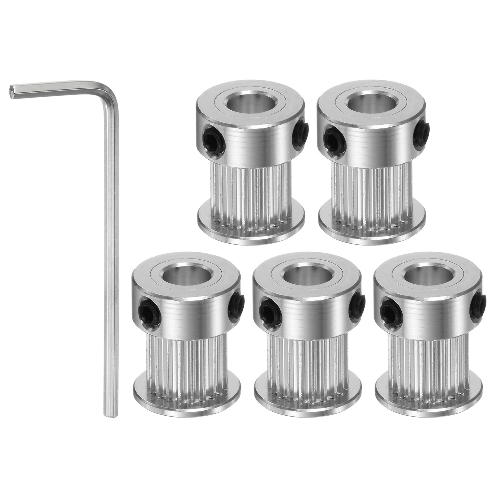 uxcell 5pcs 2GT Timing Pulley 20 Teeth 6.35mm Bore 16mm Dia. Aluminum Timing Belt Pulley with 2mm Hex Key Wrench for 10mm Width Belt 3D Printer CNC Machine Accessories, Silver Tone