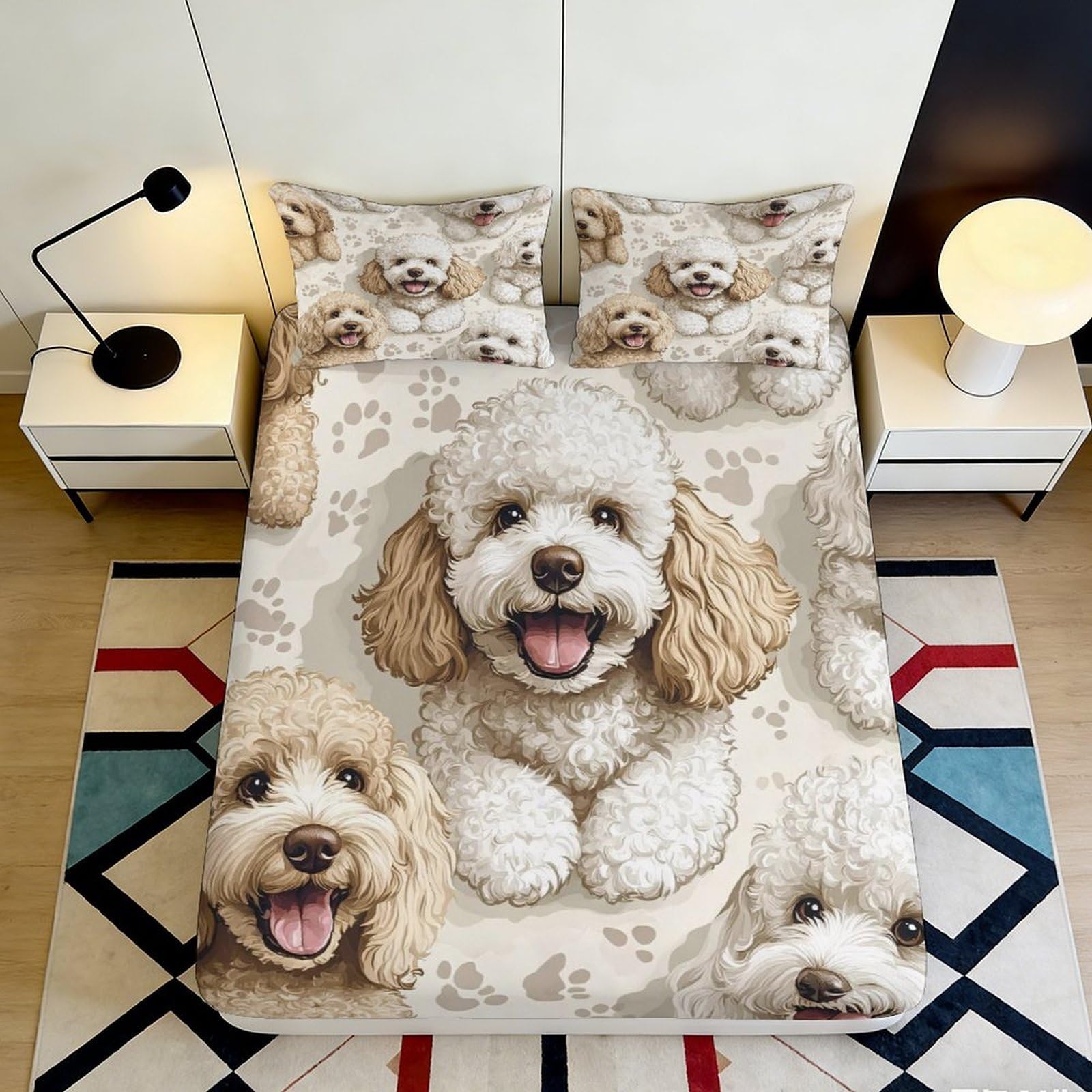 3D Printed Poodle Dog Fitted Sheet Microfiber Soft Non-Slip Mattress Cover for Bedroom Dorm Bed Decor Protection 160x200x25cm