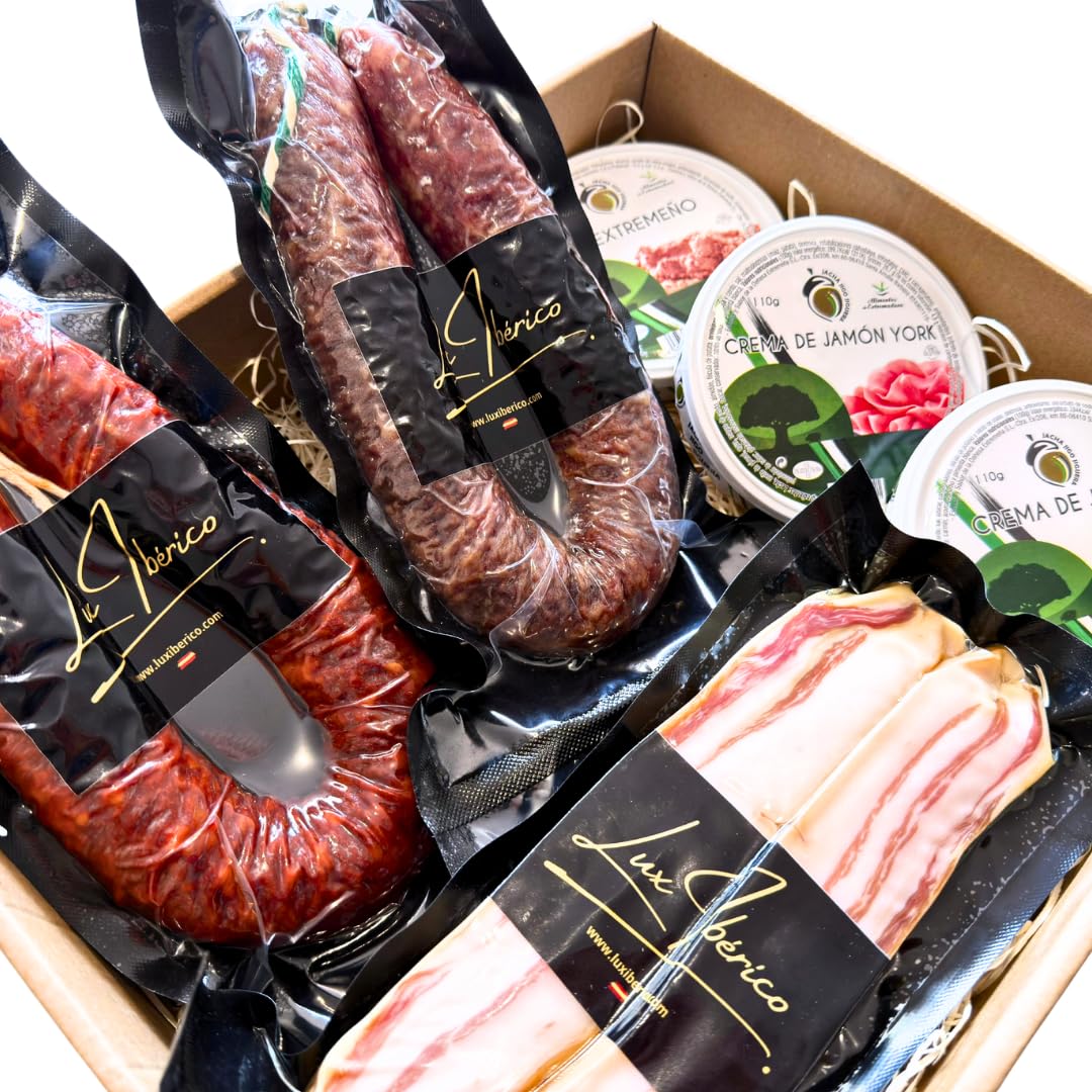 Lux Ibérico Lote Platon - Patés Extremeños, Panceta y Embutido | Chorizo y salchichón ibérico, panceta curada y tres patés extremeños para untar. Aperitivo completo listo para regalar.