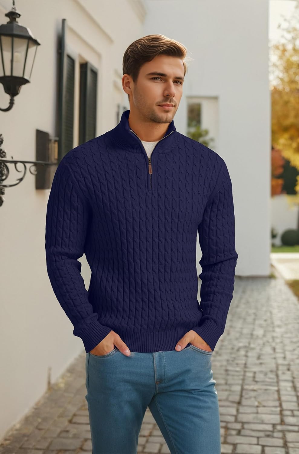 Askdeer Men's Cable Knit Sweater Quarter Zip Sweater Mock Neck Polo Sweater Casual Pullover Sweater with Ribbing Edge - Image 5