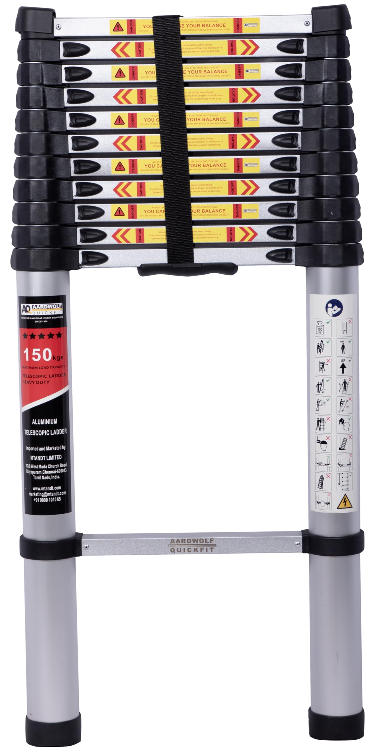 Aardwolf Quickfit Premium Hexagonal Coupling Design 12 Step (4.7M/15.4 FT) Telescopic Aluminum Ladder | 150kg Load Capacity| 2-Year Warranty | Easy-to-Fix DIY Design with Replaceable Parts