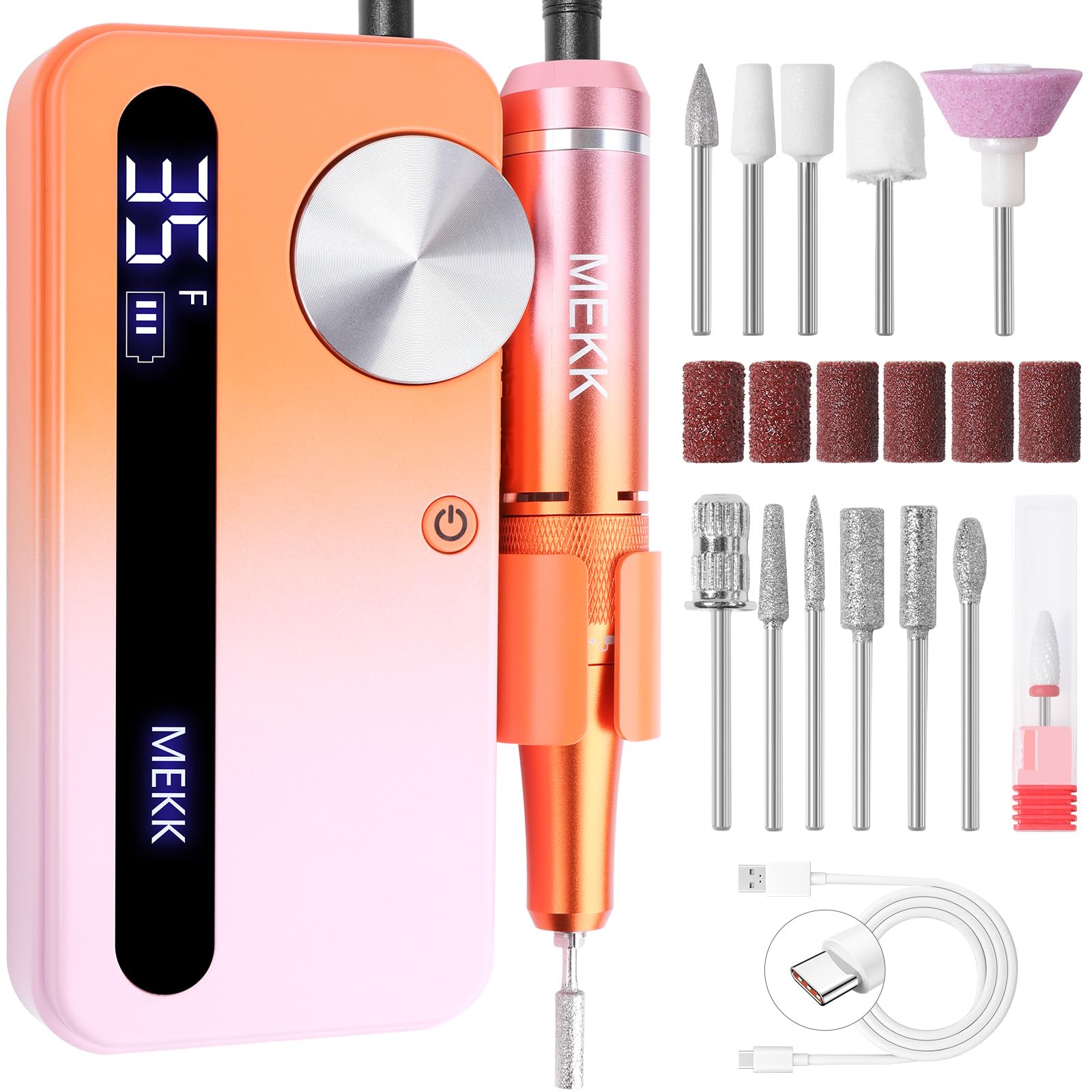 MEKK Nail Drill,Professional Electric Cordless Nail Drill for Gel Nails,Electric Nail File for Gel Nails 35000RPM,3000mAh E File,An-ti Shaking Efile (Orange)