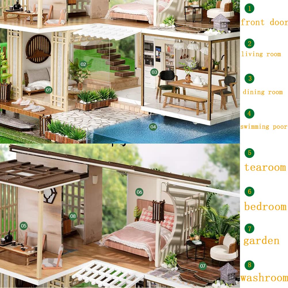 Maison de poupée miniature en bois de style chinois - Villa à 2 étages avec piscine de jardin - Échelle 1:24 - Maison de jouets assemblée pour enfants et amis
