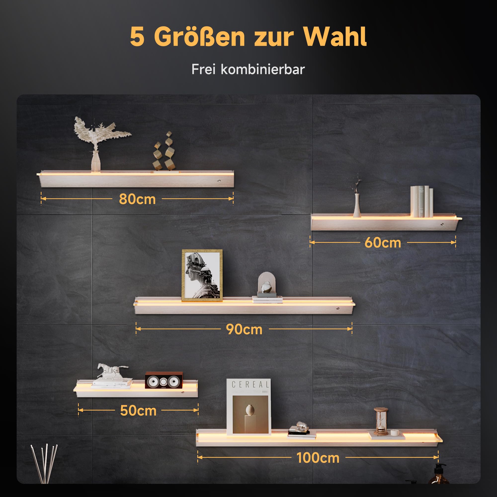 SONNI Regał ścienny LED, 80 cm, ze sterowaniem czujnikiem, 3 temperatury barwowe, bezstopniowe ściemnianie, 8 mm, hartowane szkło matowe i aluminium, do łazienki, sypialni, salonu