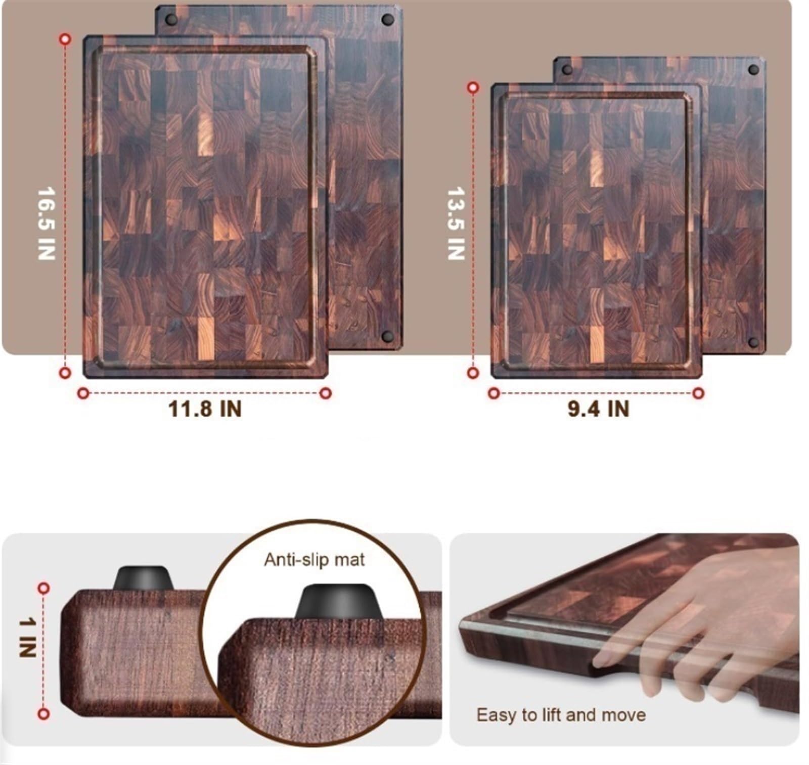 Schneidbrett Schneidebrett Walnuss-Schneidebretter Hirnholz-Schneidebrett Holzschneidebrett Mit Saftrille, Innengriffen, Rutschfester Matte Frühstücksbrett Schneidebretter(13.5in*9.4in*1in)