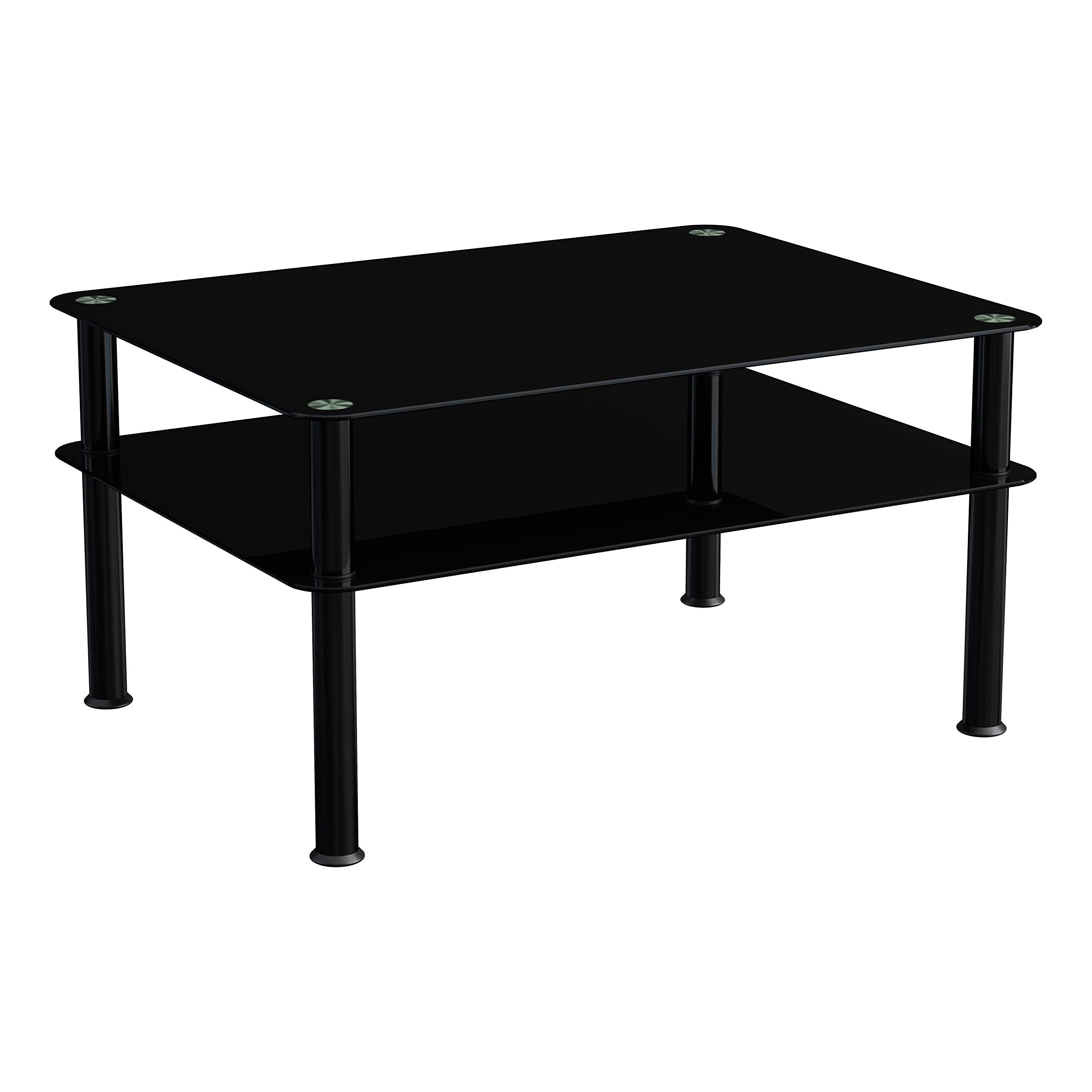 mahara Black Glass Coffee Table - Large side table with shelf and black aluminium legs - W80cm x D60cm x H41.5cm