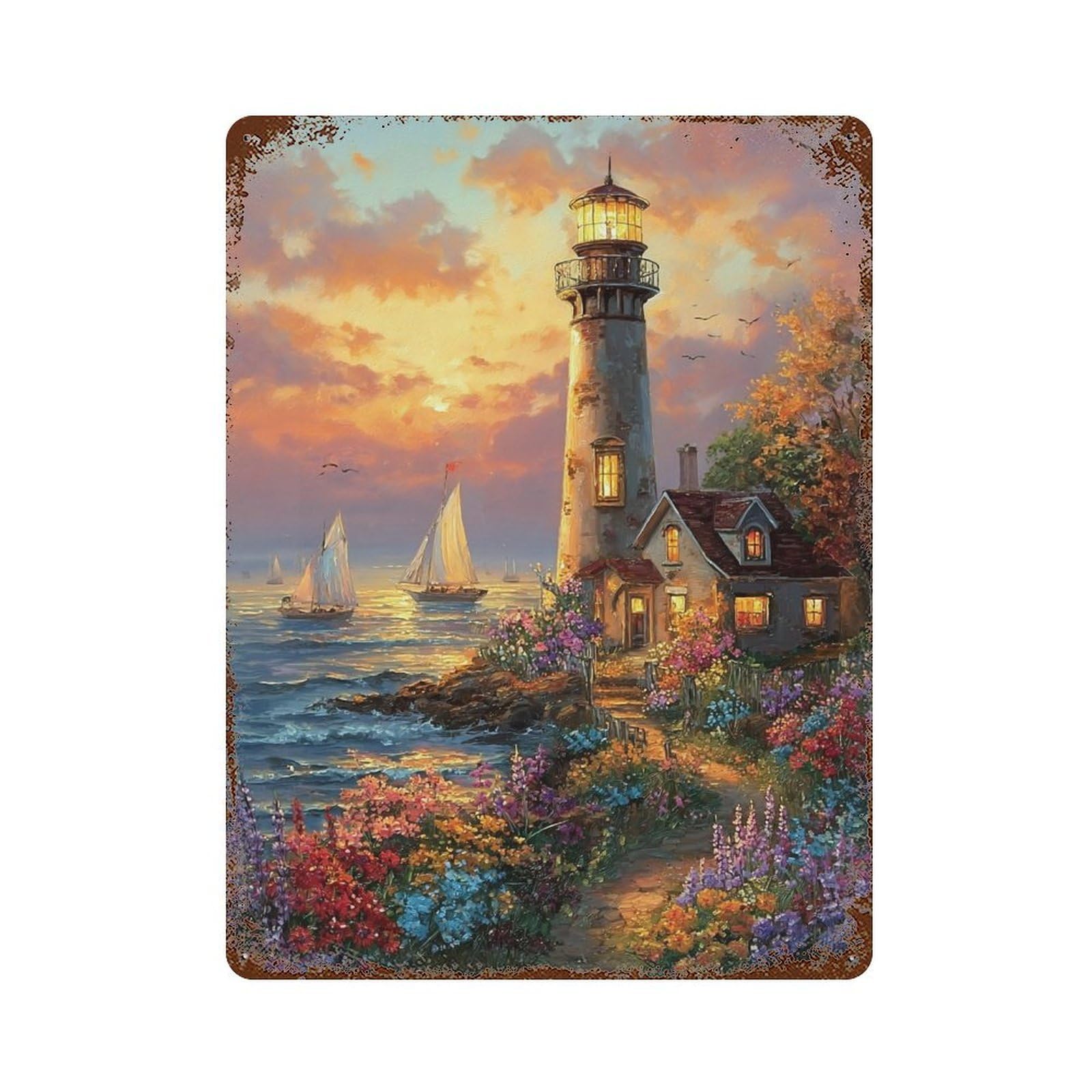 Rust Effect Coastal Lighthouse Sunset Scene-2 Decorative Tin Sign 15.7"x11.8", Classic Wall Plaque for Pub, Kitchen And Man Cave Decor