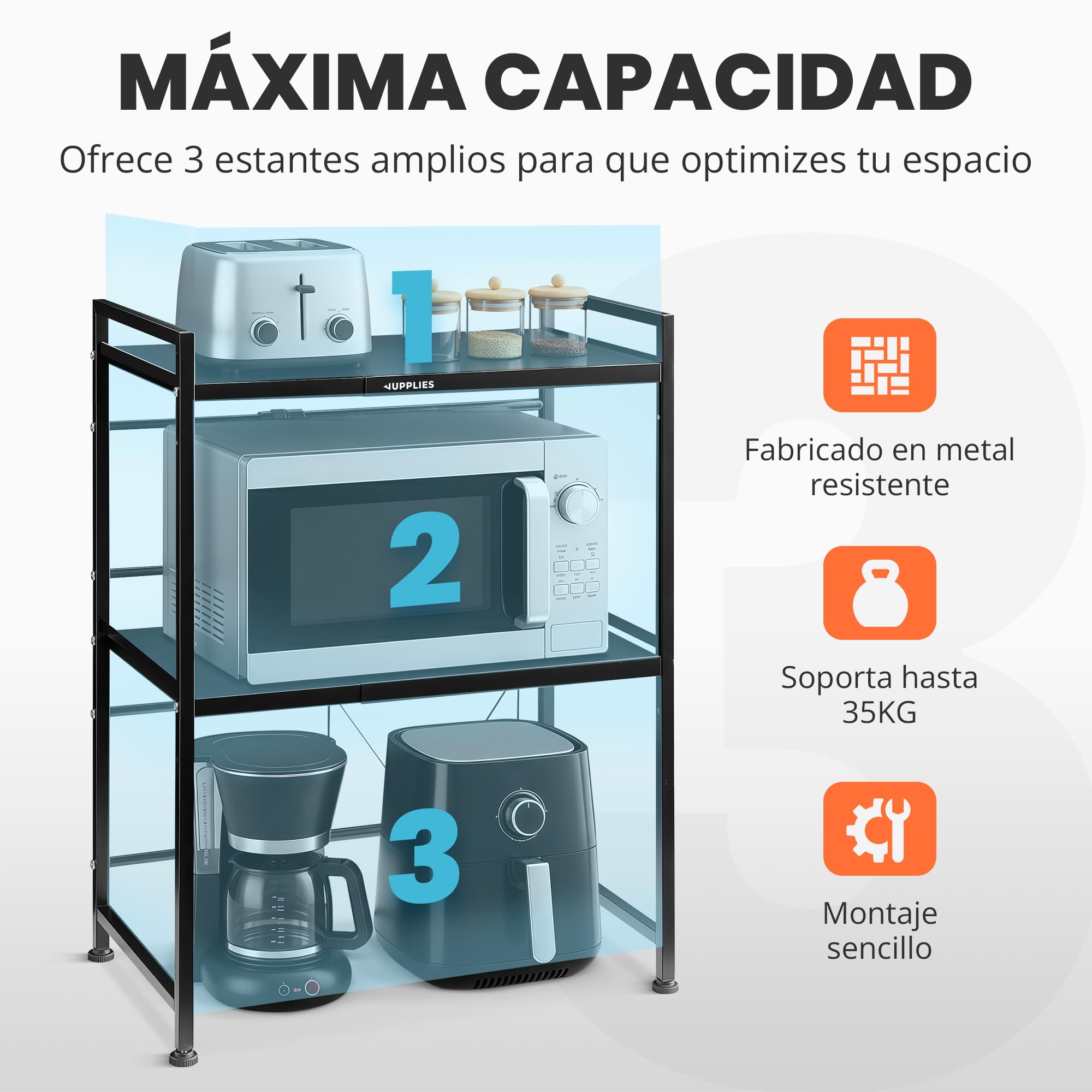 JUPPLIES Soporte Microondas 77,5×39×36,2 cm – Estantería Microondas Extensible 39–60 cm – Mueble Microondas Cocina de Acero Antióxido con 8 Ganchos – Estante Reforzado de Alta Capacidad para Encimera — view 6