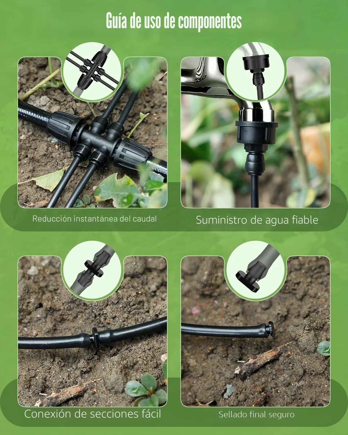 Pawfly 6,35 mm Manguera de goteo (rollo de 61 m), Tubo goteo con separación de 15 cm, Manguera de riego PE con 24 piezas, tubo distribuidor negro para sistemas de riego por goteo