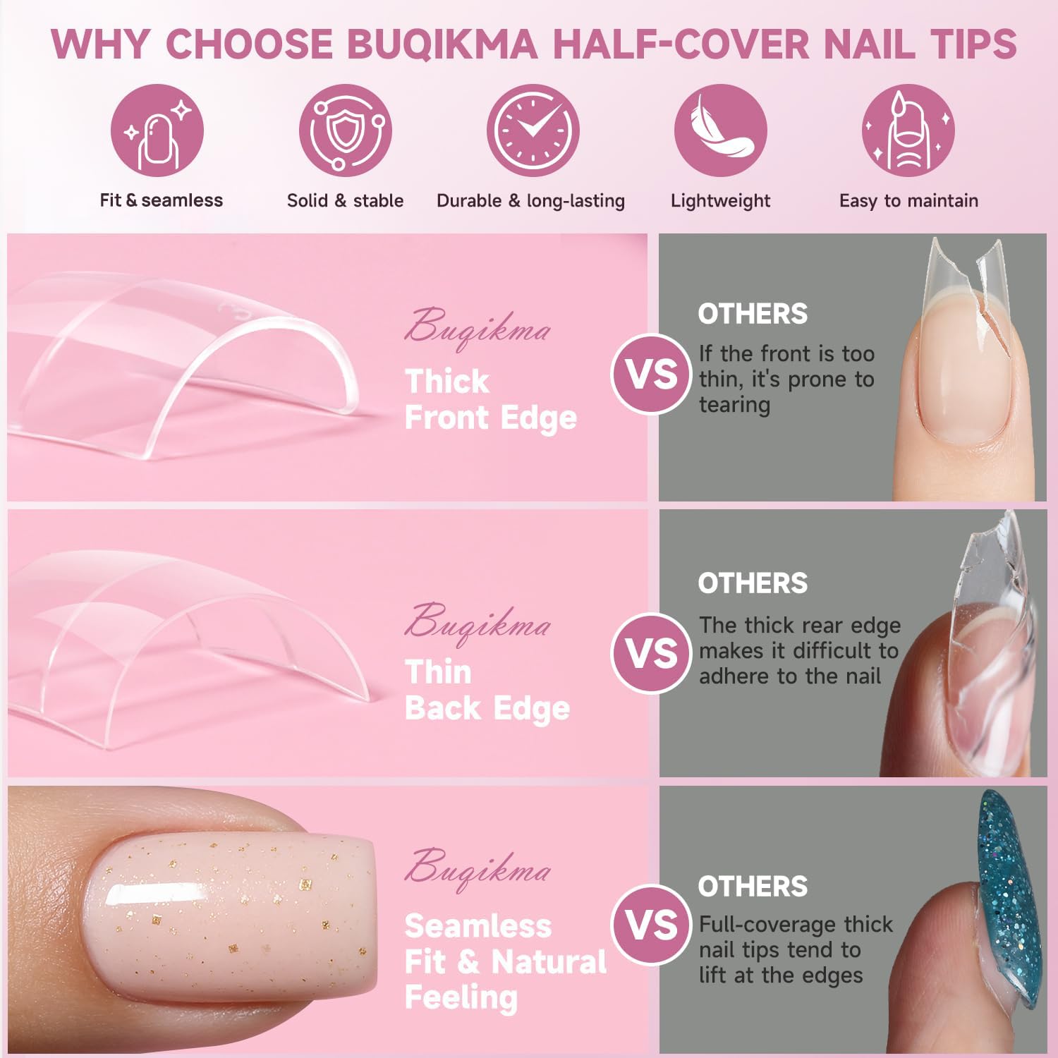 Buqikma Clear Lady French Acrylic Style - 500 puntas de uñas cortas para uñas acrílicas con caja (transparente)
