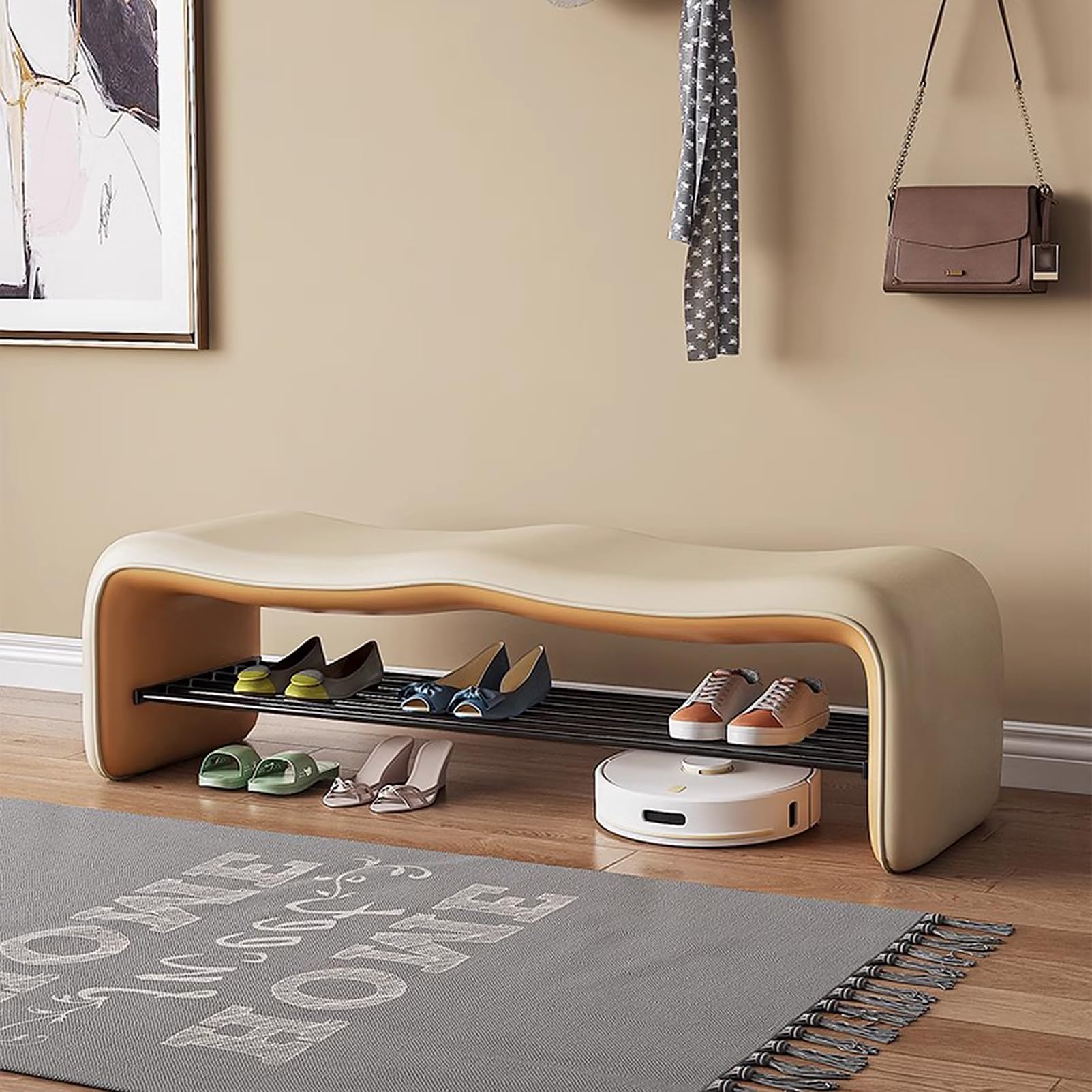 Banc à chaussures rembourré et ottoman en cuir synthétique avec rangement pour l'entrée