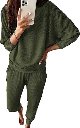 PRETTYGARDEN Women's Fall 2 Piece Lounge Set Long Sleeve Tops Ribbed Pants Spring Matching Sweatsuit Travel Outfits Clothes