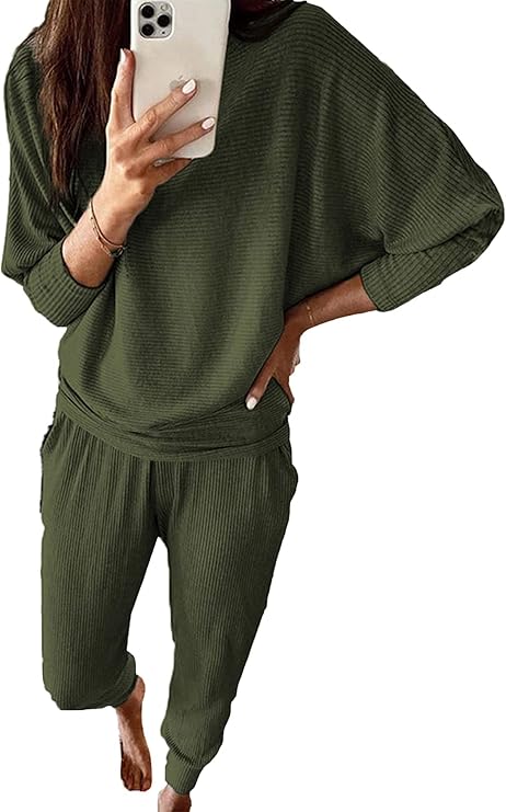 PRETTYGARDEN Women's Fall 2 Piece Lounge Set Long Sleeve Tops Ribbed Pants Spring Matching Sweatsuit Travel Outfits Clothes