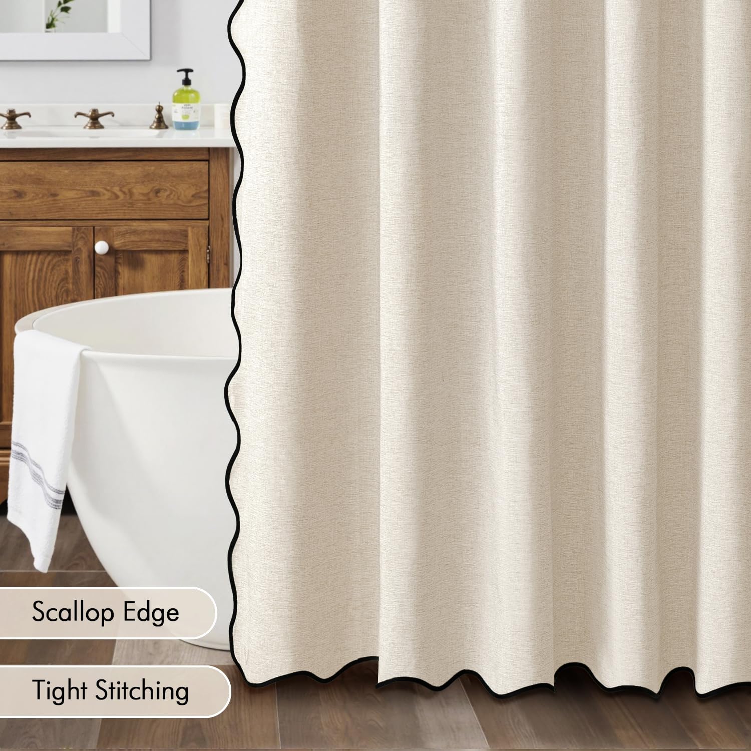 MIULEE Light Cream Scalloped Shower Curtain Linen Textured with 12 Metal Hooks Cute Heavy Duty Washable Waterproof Thick Cloth Shower Curtains with Black Border for Bathroom Hotel Bathtub,W72*L72