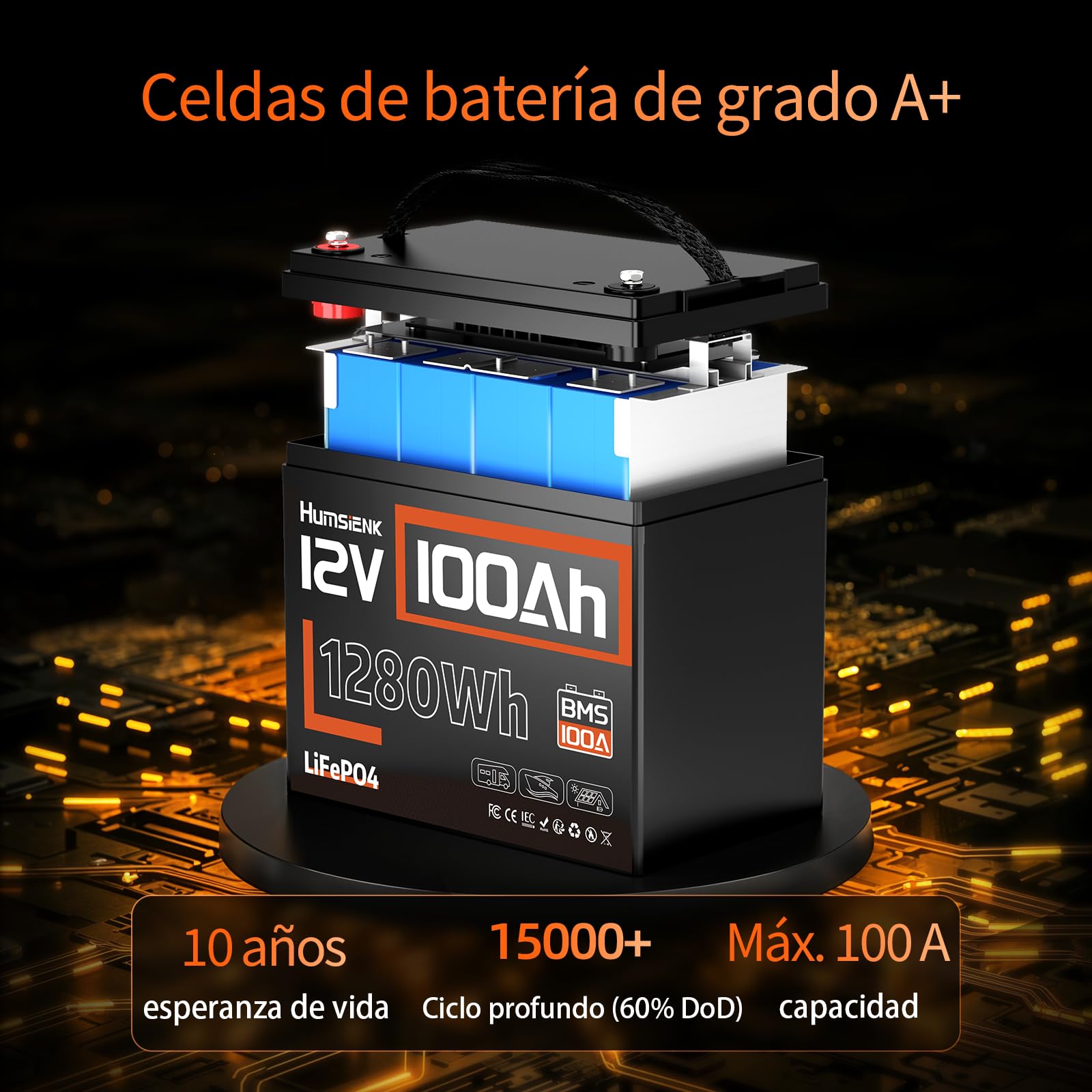 Humsienk Batería Litio LiFePO4 12V 100Ah, 1280Wh, BMS Inteligente de 100A, 4.000–15.000 Ciclos Profundos, Protección Baja Temperatura — para Solar, Autocaravana (RV), Emergencia