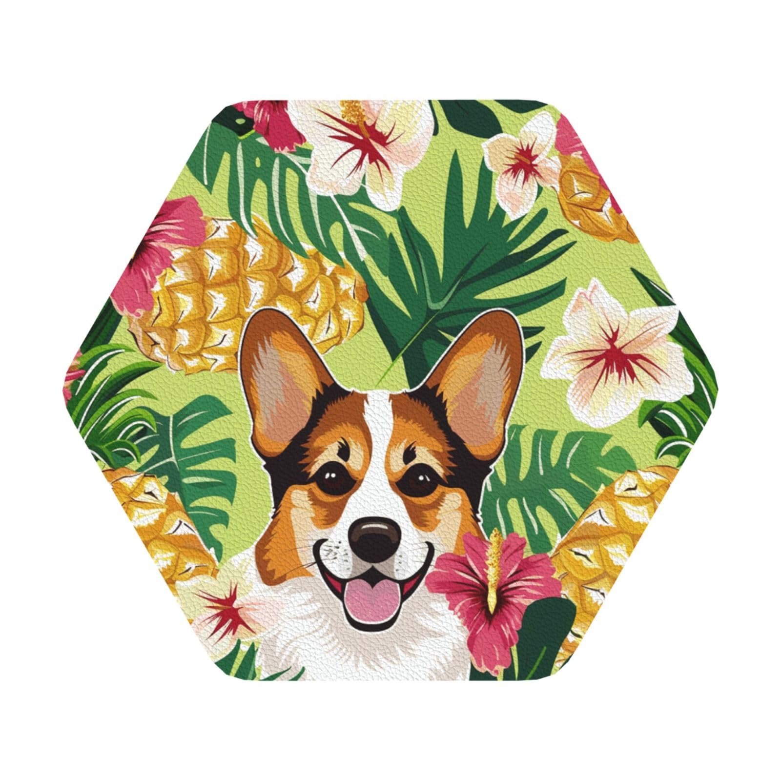 Corgi Hawaiian Tropical Summer Pineapple Print Leather Coaster Set of 6, Hexagon Coasters Table Decorative Coffee Cup Beverage Coasters Wine Beer Bar Coasters for Hot Drinks Table Protection