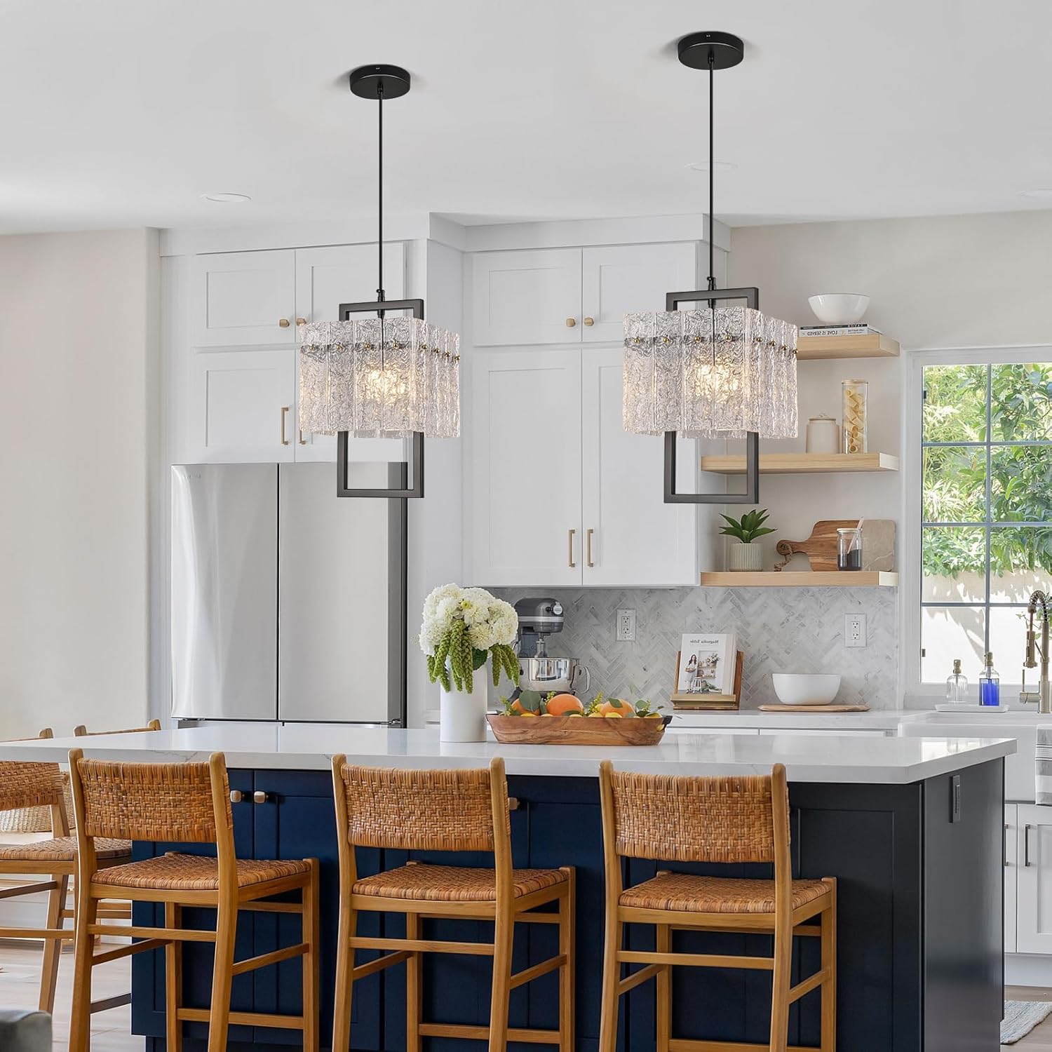Pendant Lights Kitchen Island, Modern Water Ripple Glass Pendant Light Fixtures, 1-Light Square Chandelier Kitchen Pendant Lights Over Island (Black 9.05 inch)