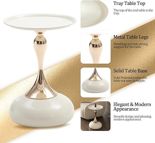 Miniatura 6 de Mesa auxiliar de pedestal blanca para espacios pequeños, mesas auxiliares redondas de metal únicas para sala de estar, mesa decorativa de esquina