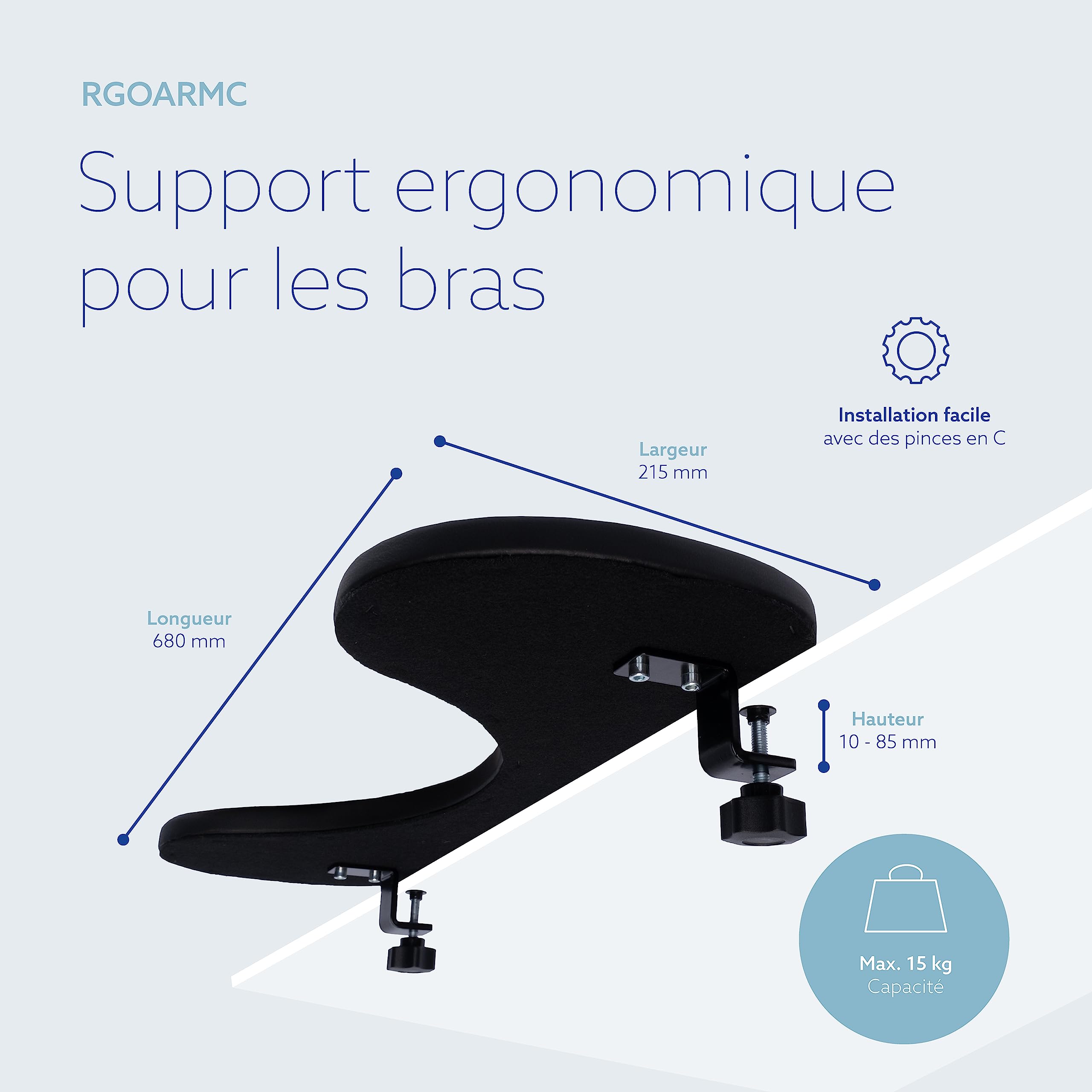 R-Go Support d'accoudoir, Support d'avant-Bras Ergonomique, à Pinces, Accoudoir pour coude, Extension de Bureau pour la Maison et Le Bureau, pour Frappe Facile et soulagement de la Douleur, Noir