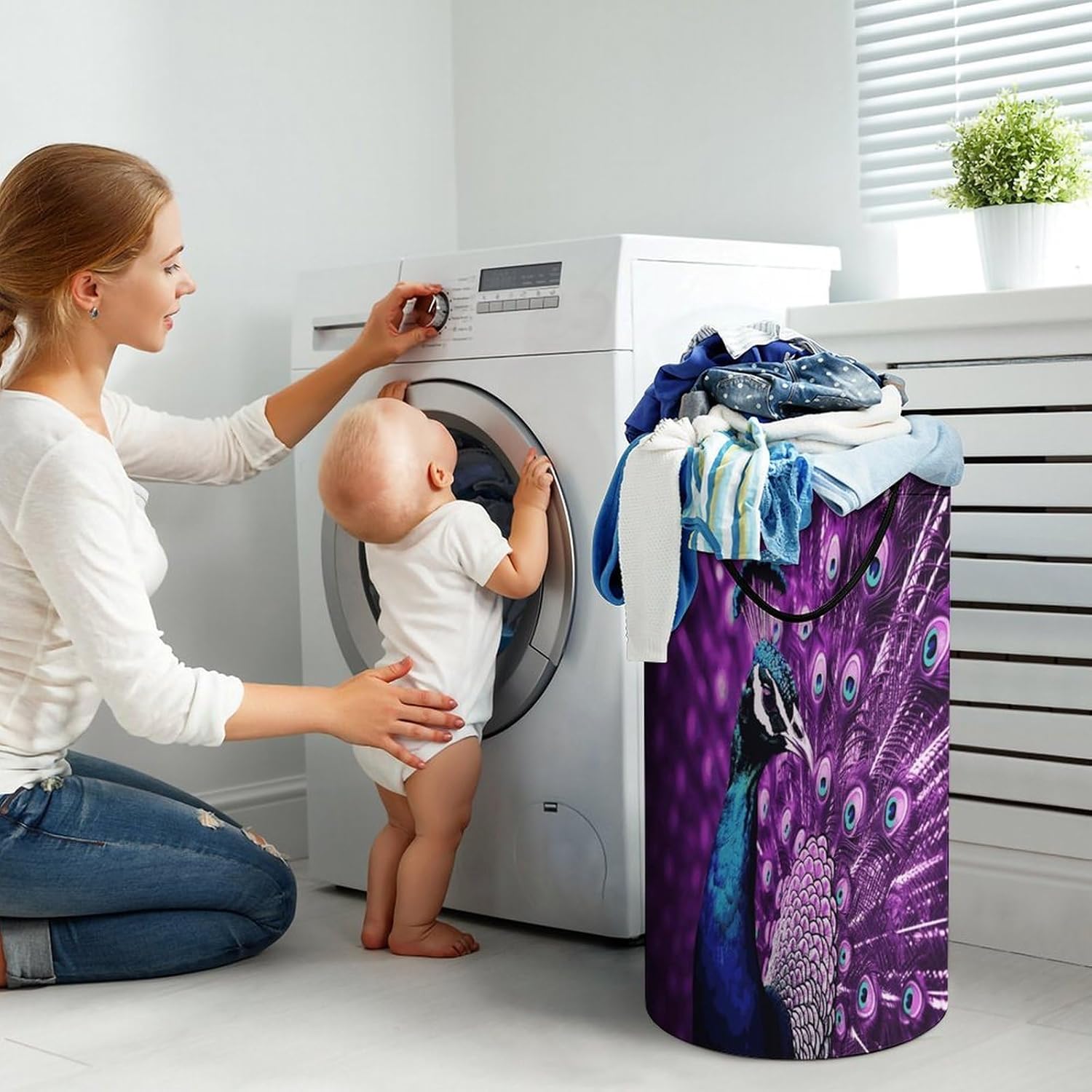 Purple PeacockLaundry Hamper - Large Dirty Clothes Bag.Storage Basket for Easy Carry Handles. Large Clothes Basket with Handles, Clothing Storage Bucket Toy Organizer for Bathroom Bedroom Dorm.